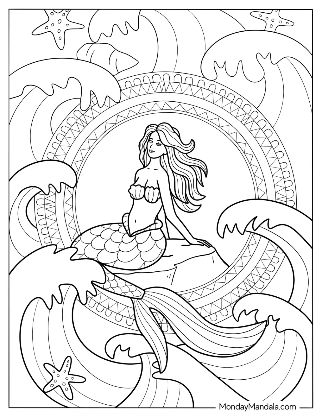 Mermaid Coloring Page at the Center of Geometric Mandala and Large Waves coloring page — printable line art