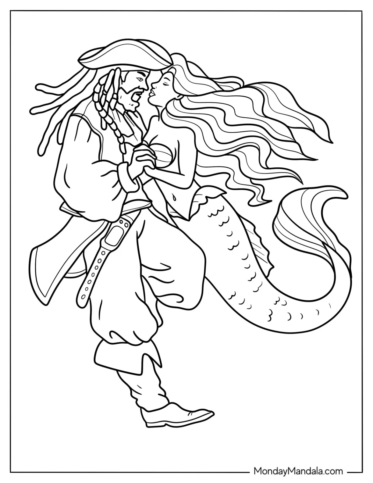 Mermaid Coloring Page Holding Hands with a Pirate to Kiss coloring page