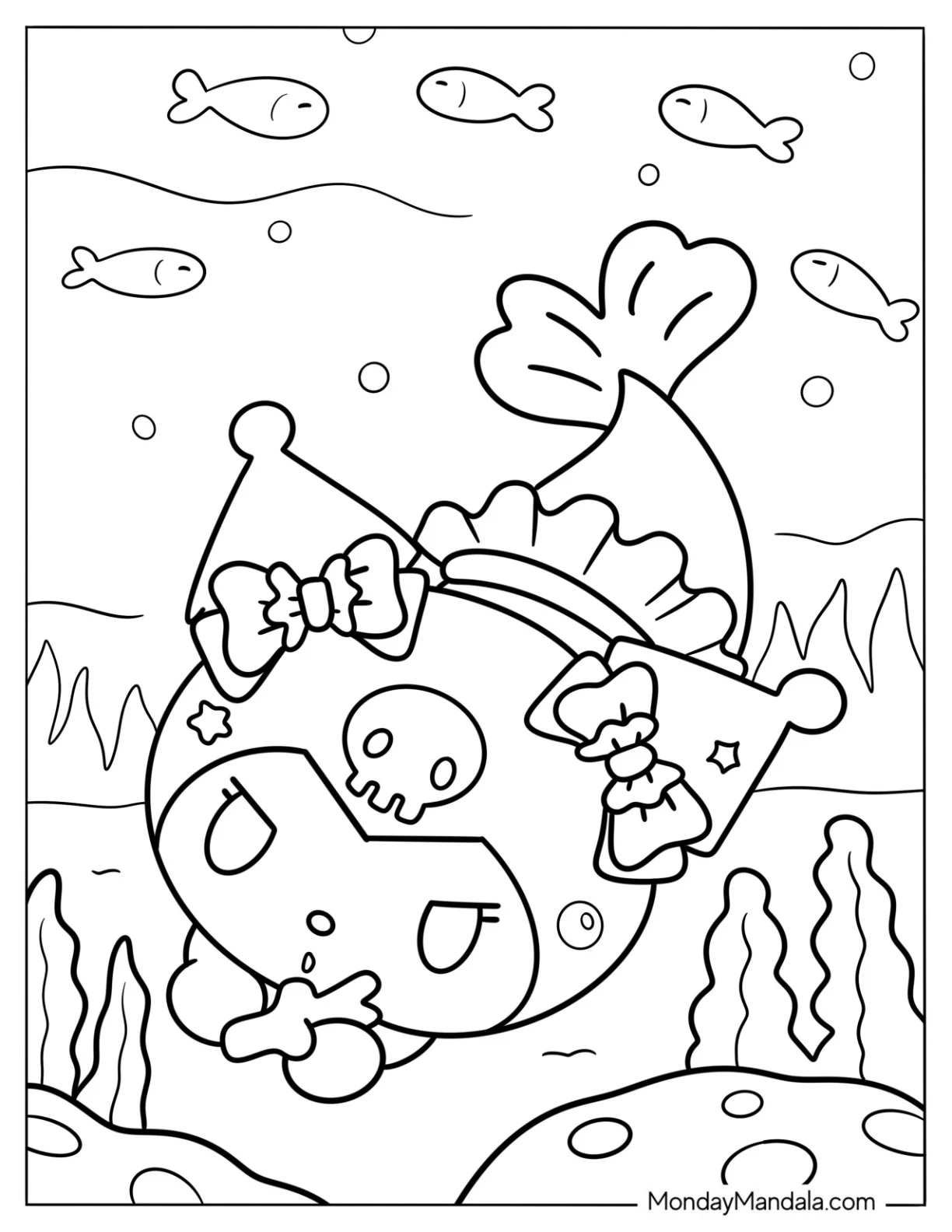 Mermaid Coloring Page Kuromi Collecting Corals Underwater coloring page