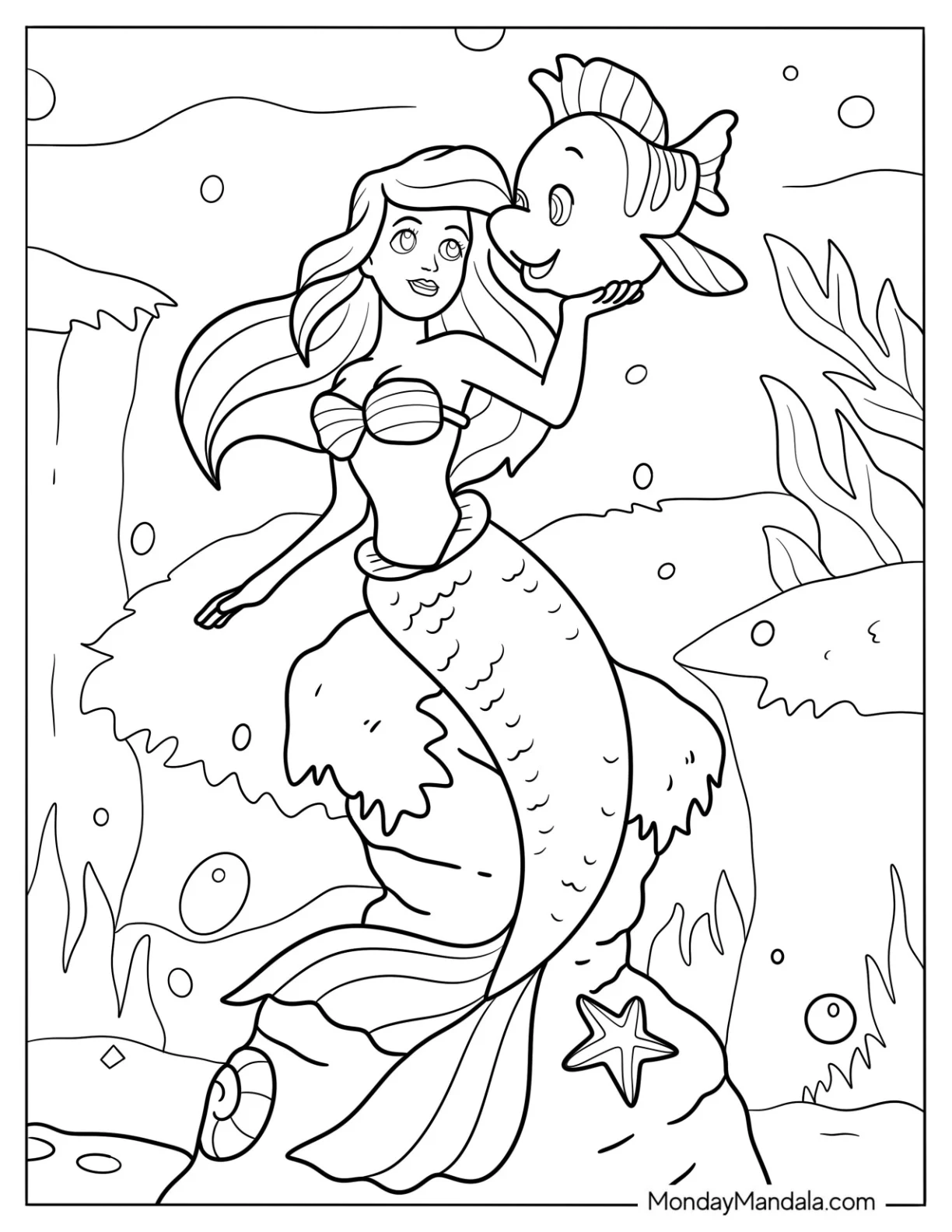 Mermaid Coloring Page of Ariel Playing with Flounders coloring page