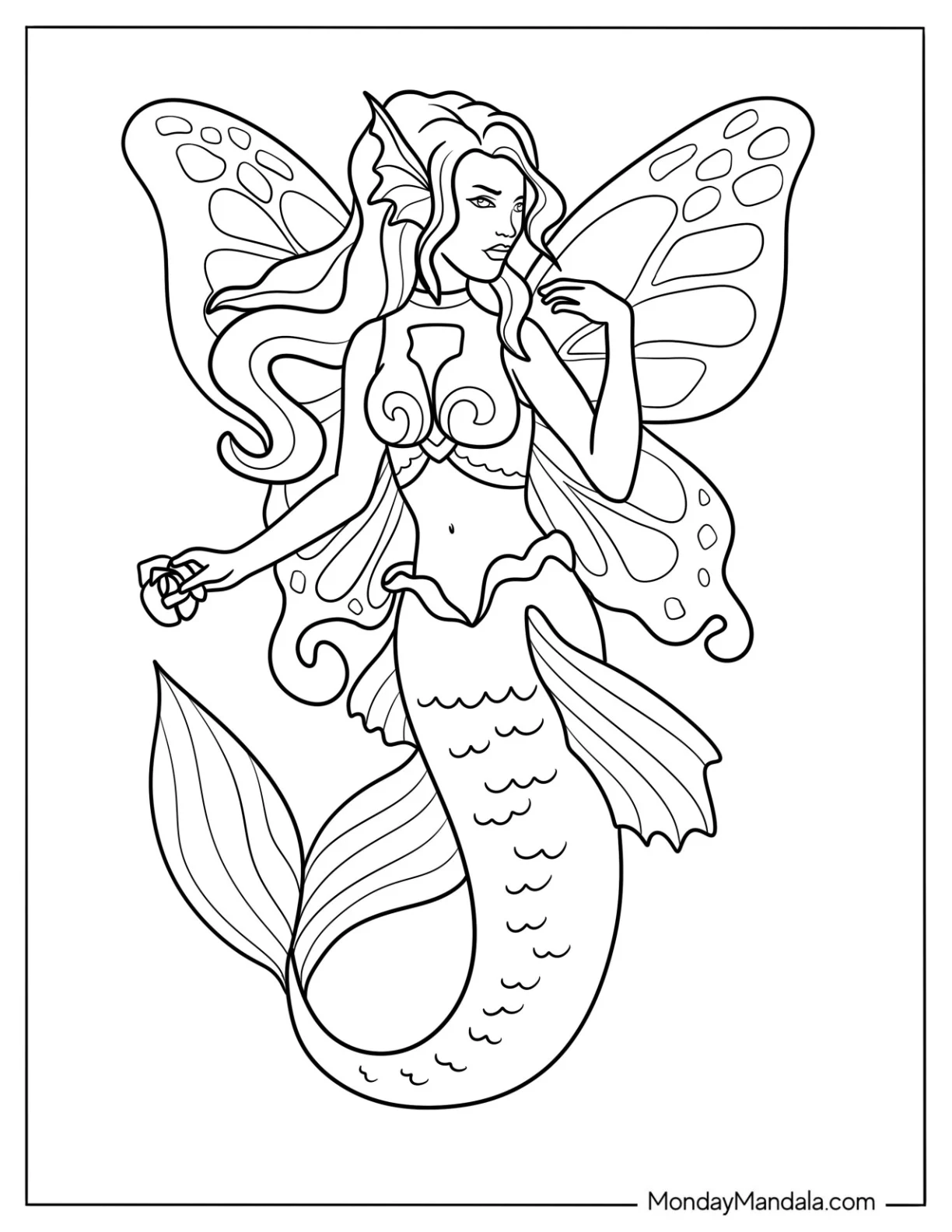 Mermaid Coloring Page of Fairy with Detailed Wings coloring page
