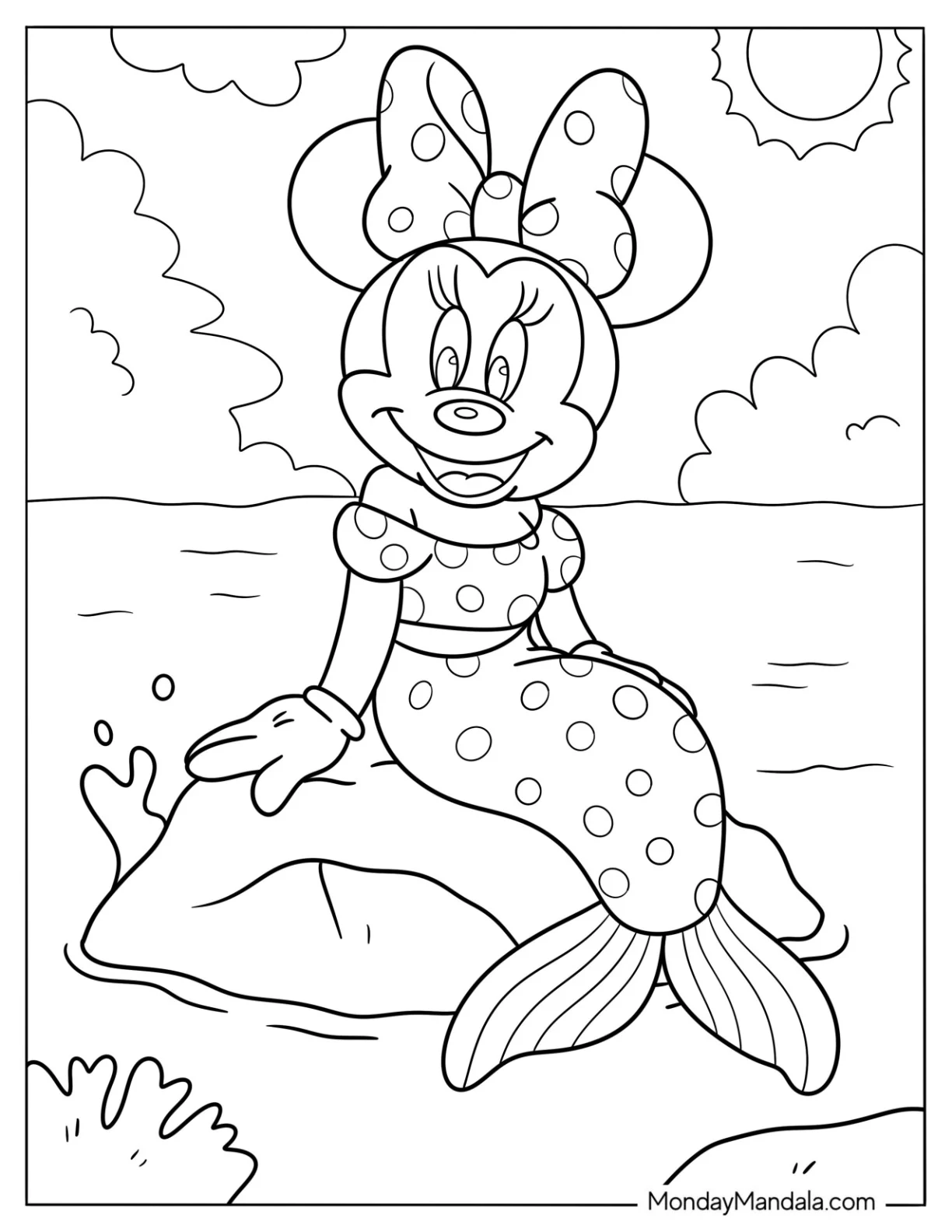 Mermaid Coloring Page of Minnie Mouse on a Rock under the Sun coloring page