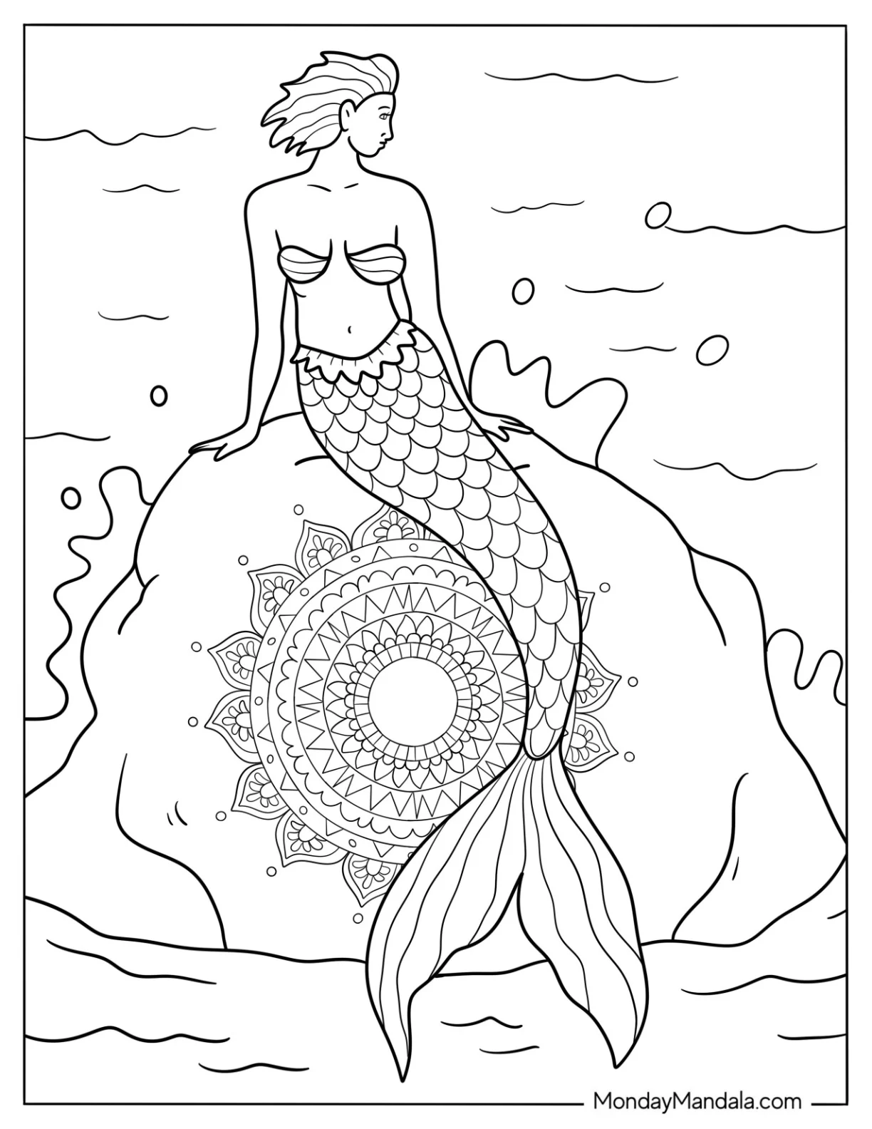 Mermaid Coloring Page Perched on a Massive Rock with Mandala Design coloring page