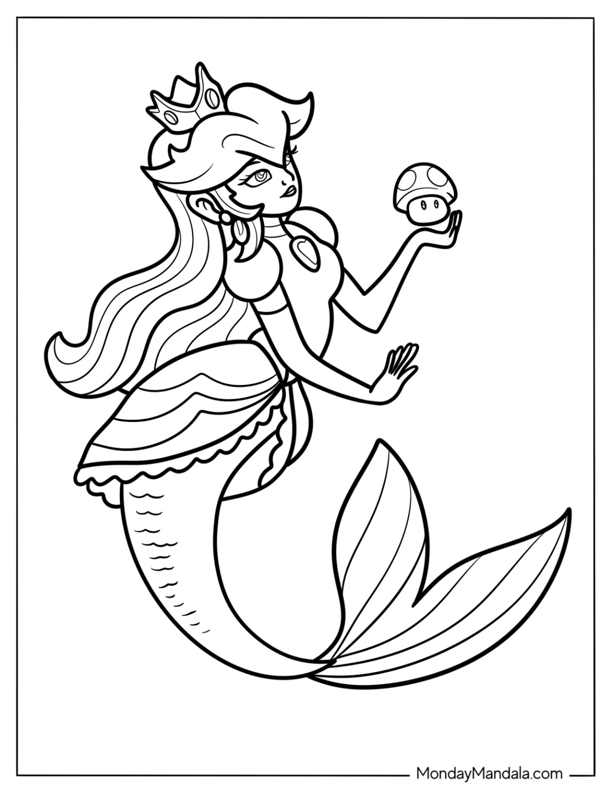Mermaid Coloring Page Princess Peach Holding a Tiny Toad coloring page — printable line art