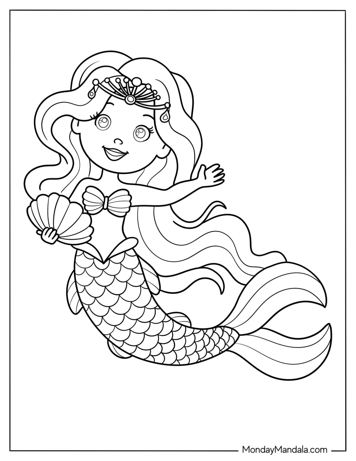 Mermaid Coloring Page Princess with Crown Waving for Kids coloring page