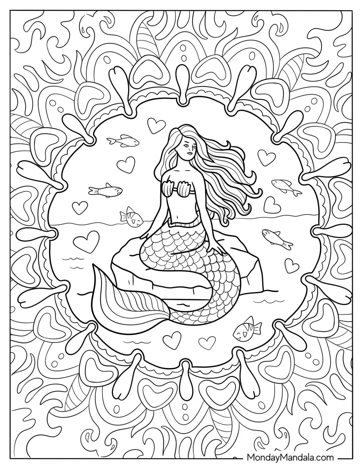 Mermaid Coloring Page Resting on Rock at Sea Framed with Shells coloring page