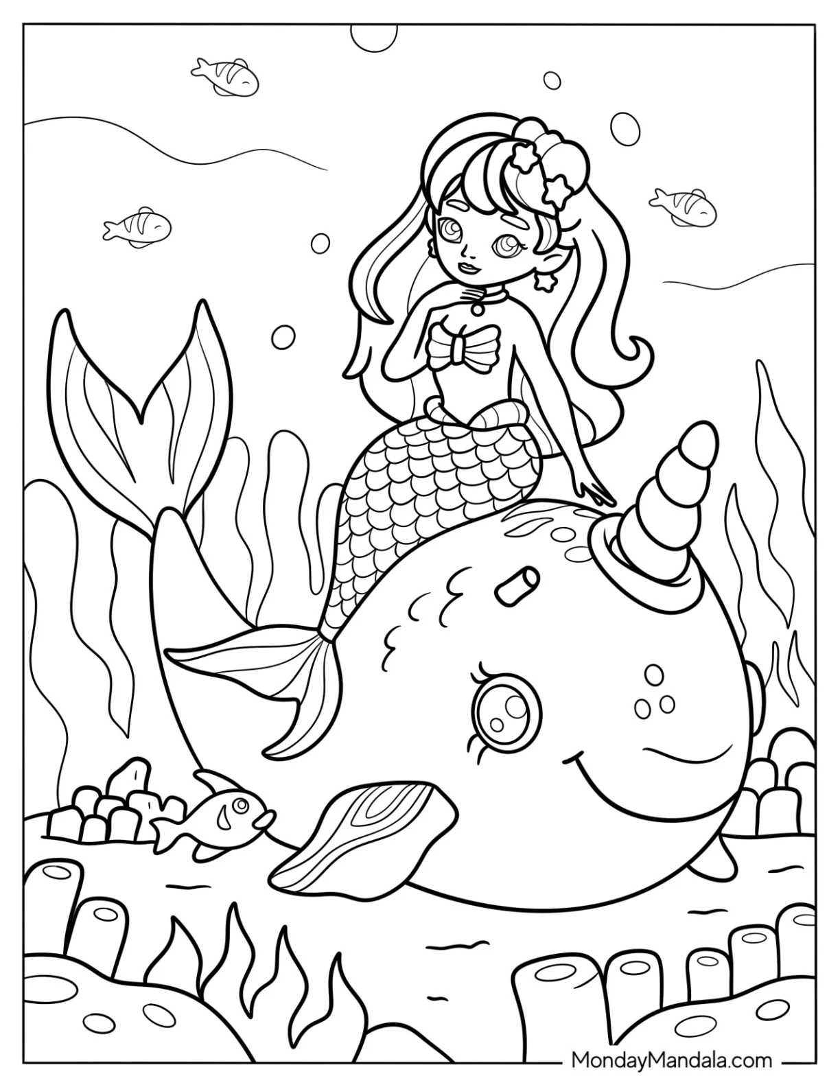 Mermaid Coloring Page Sitting on a Narwhal under the Sea coloring page