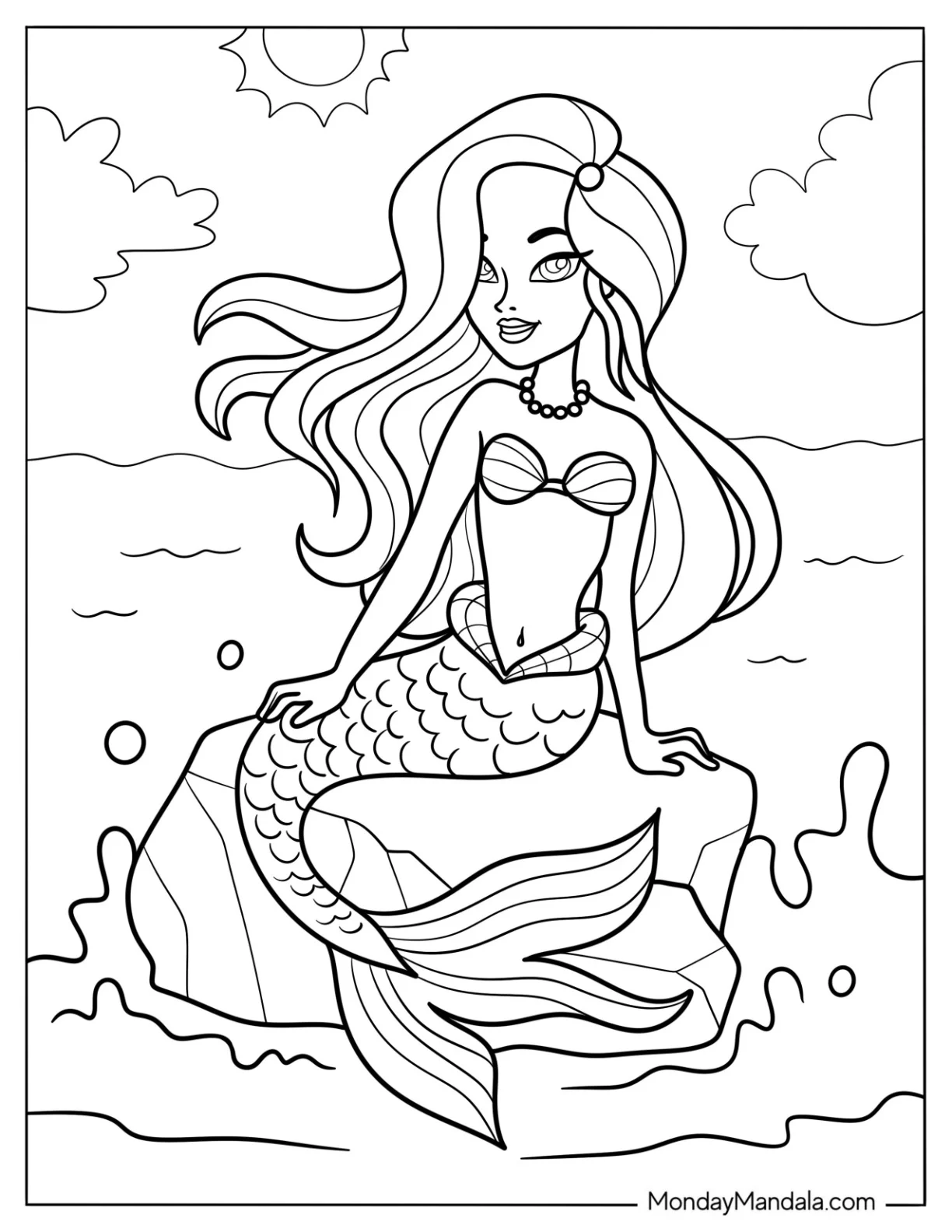 Mermaid Coloring Page Sitting on a Rock at Sea on a Sunny Day coloring page