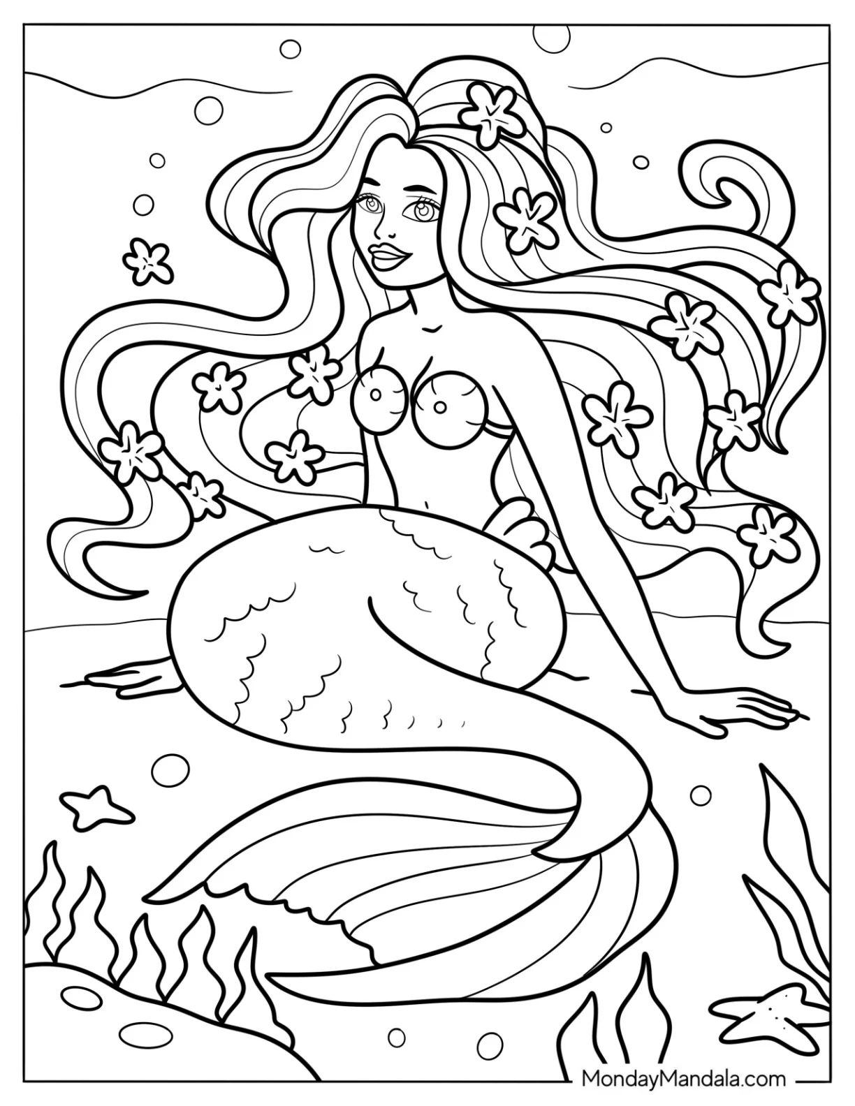 Mermaid Coloring Page Sitting on Sea Floor with Flowers in Her Hair coloring page — printable line art