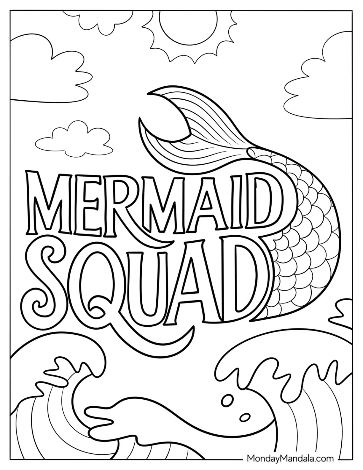 Mermaid Coloring Page Squad Text with Decorative Mermaid Tail and Crashing Waves coloring page