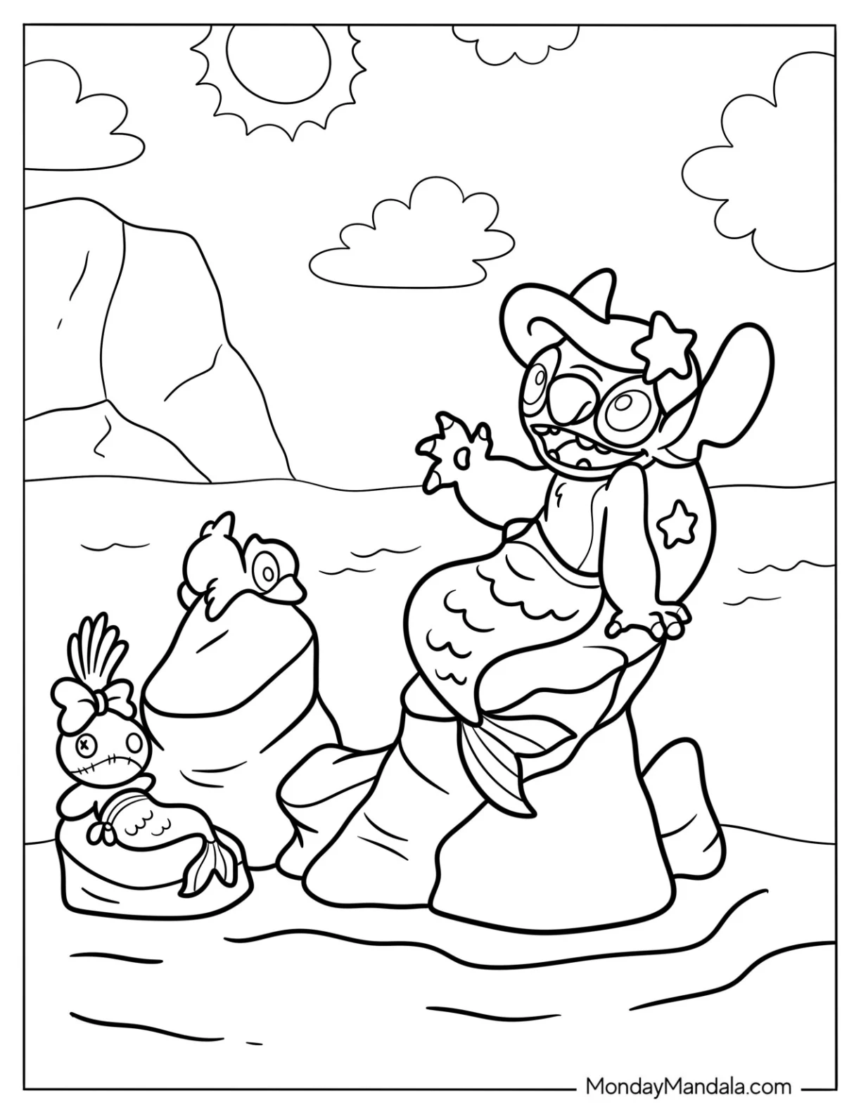 Mermaid Coloring Page Stitch Posing on Rocks with His Toys coloring page