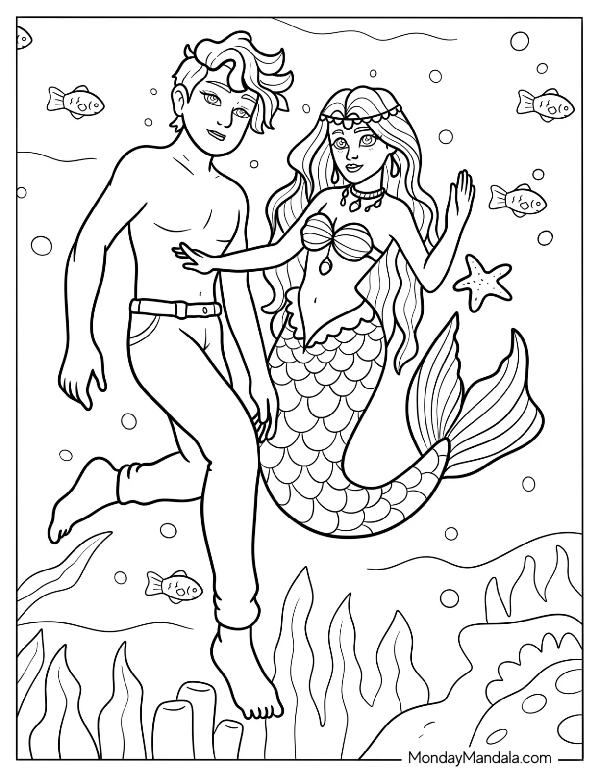 Mermaid Coloring Page Swimming with a Man under the Sea coloring page