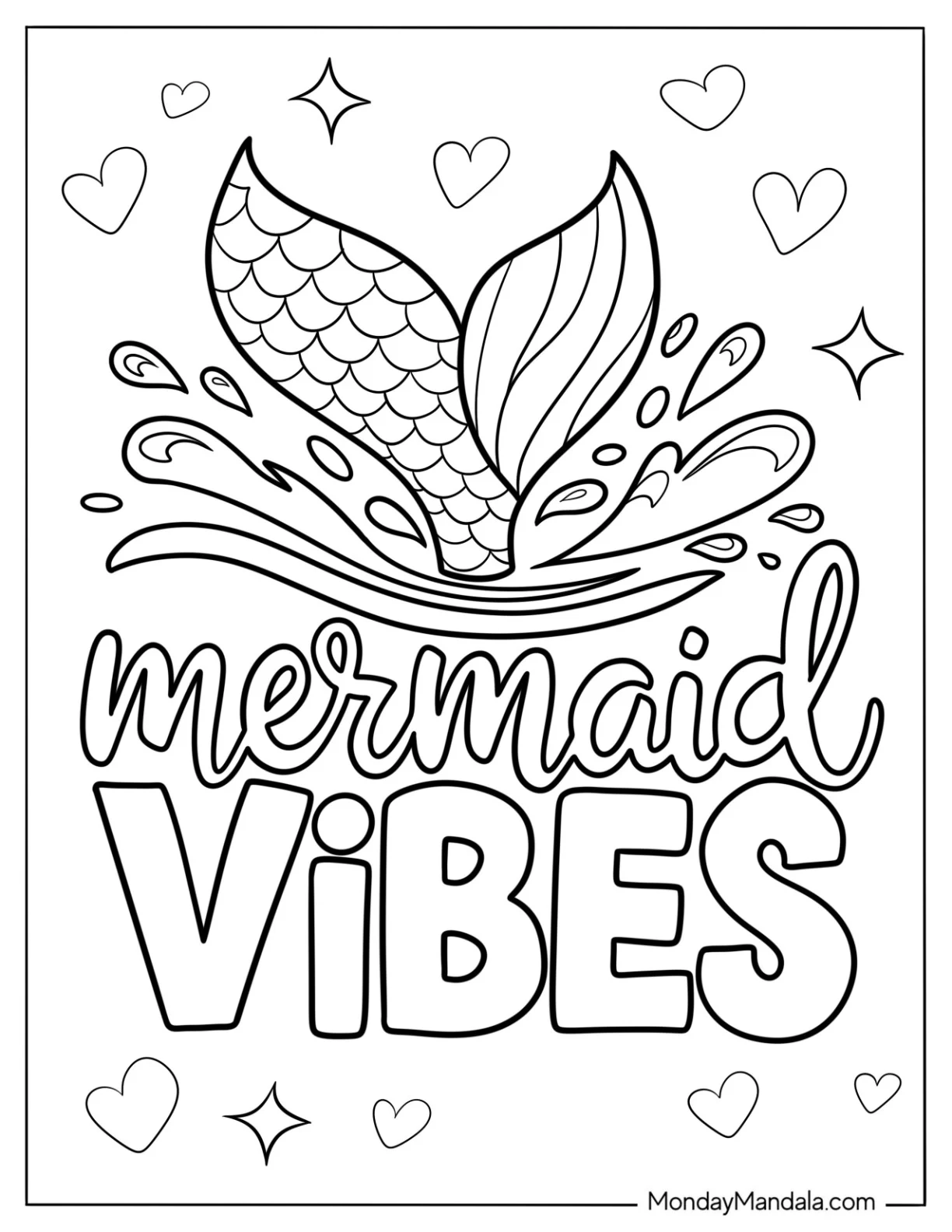 Mermaid Coloring Page Vibes Text with Mermaid Tail Splashing Water coloring page