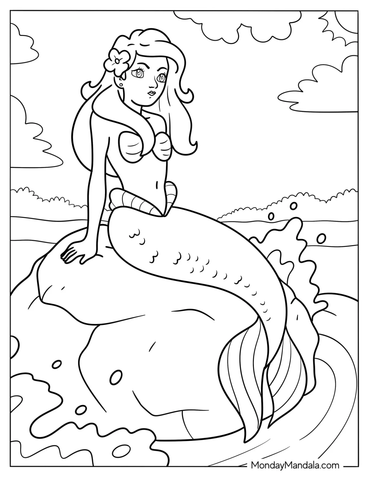Mermaid Coloring Page with Flower in Her Hair Sunbathing on a Rock coloring page