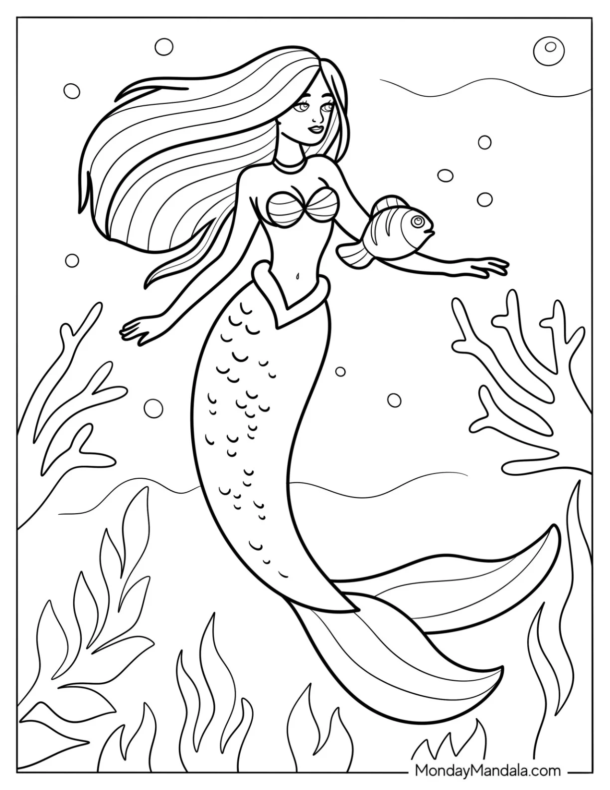 Mermaid Coloring Page with Flowing Straight Hair Swimming with a Fish coloring page