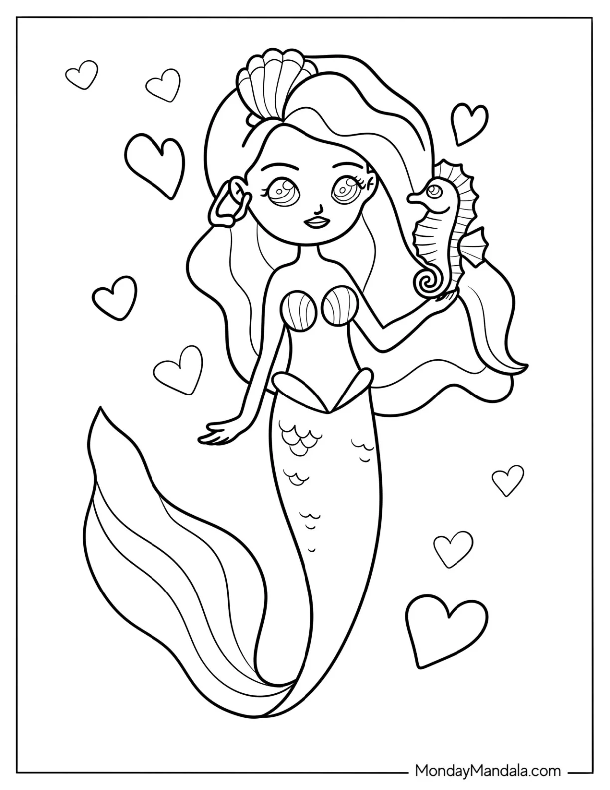 Mermaid Coloring Page with Shell Brooch Holding a Tiny Seahorse for Kids coloring page
