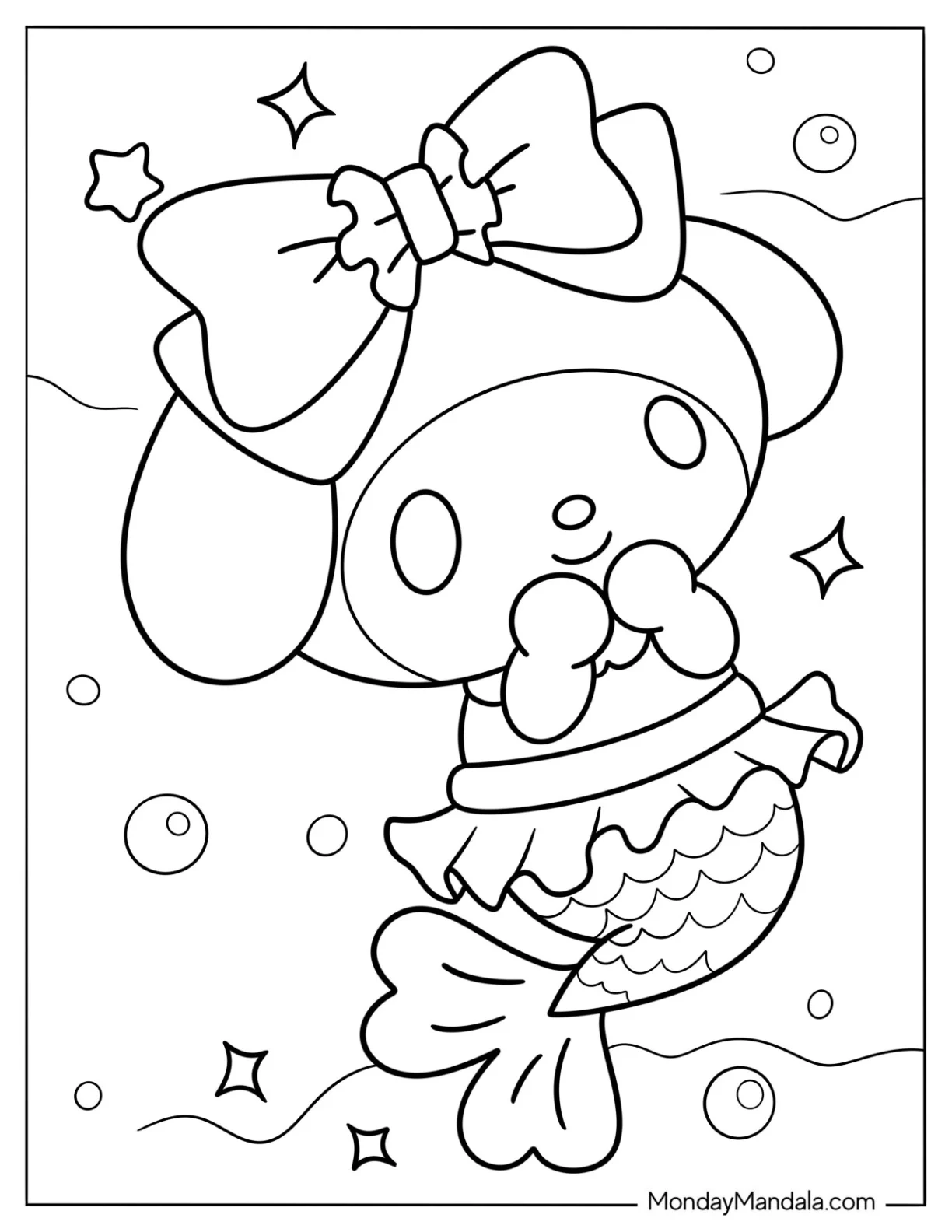 My Melody Mermaid Coloring Page with Bubbles and Sparkles coloring page