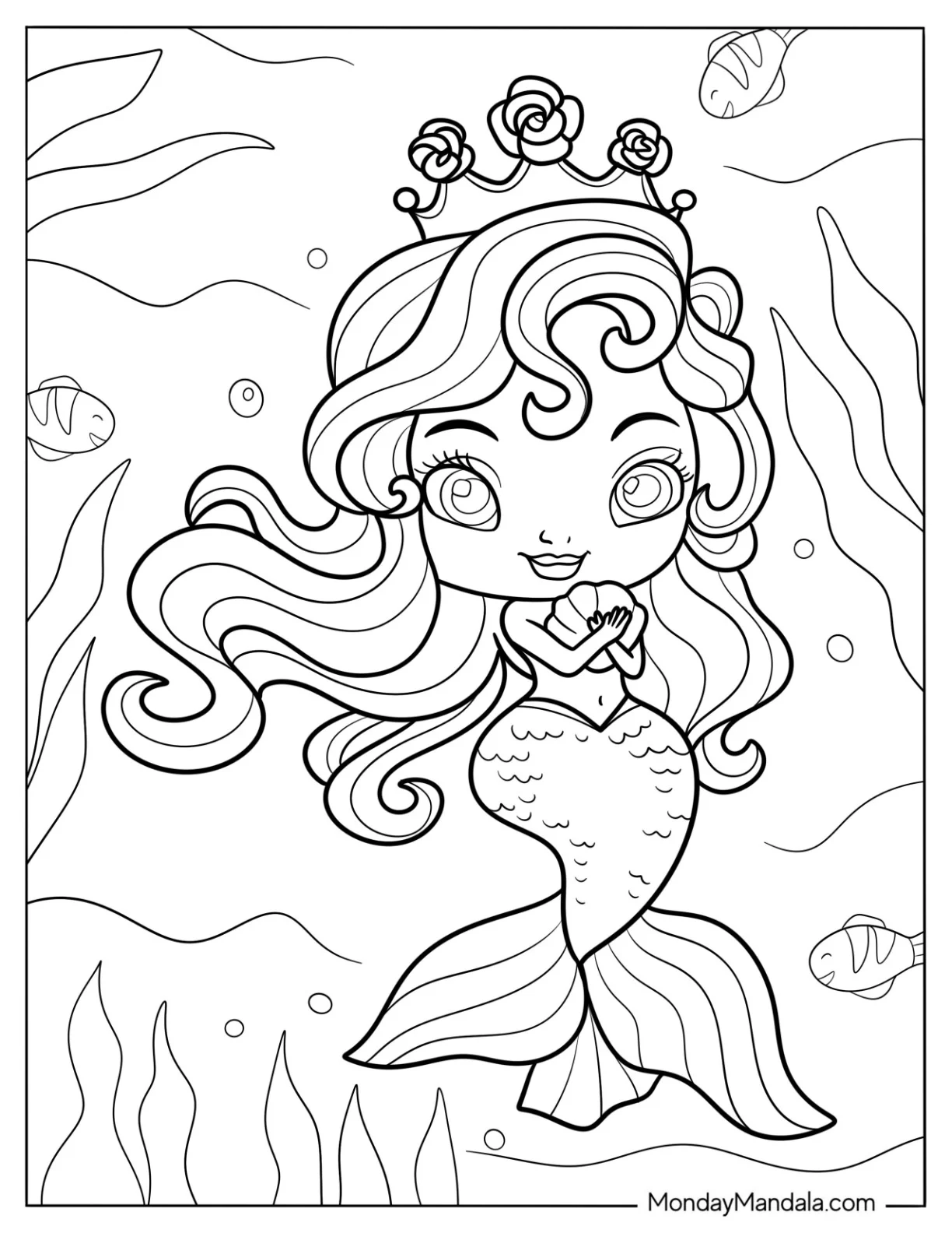 Noble Mermaid Coloring Page with Rose Crown Hugging a Shell for Kids coloring page