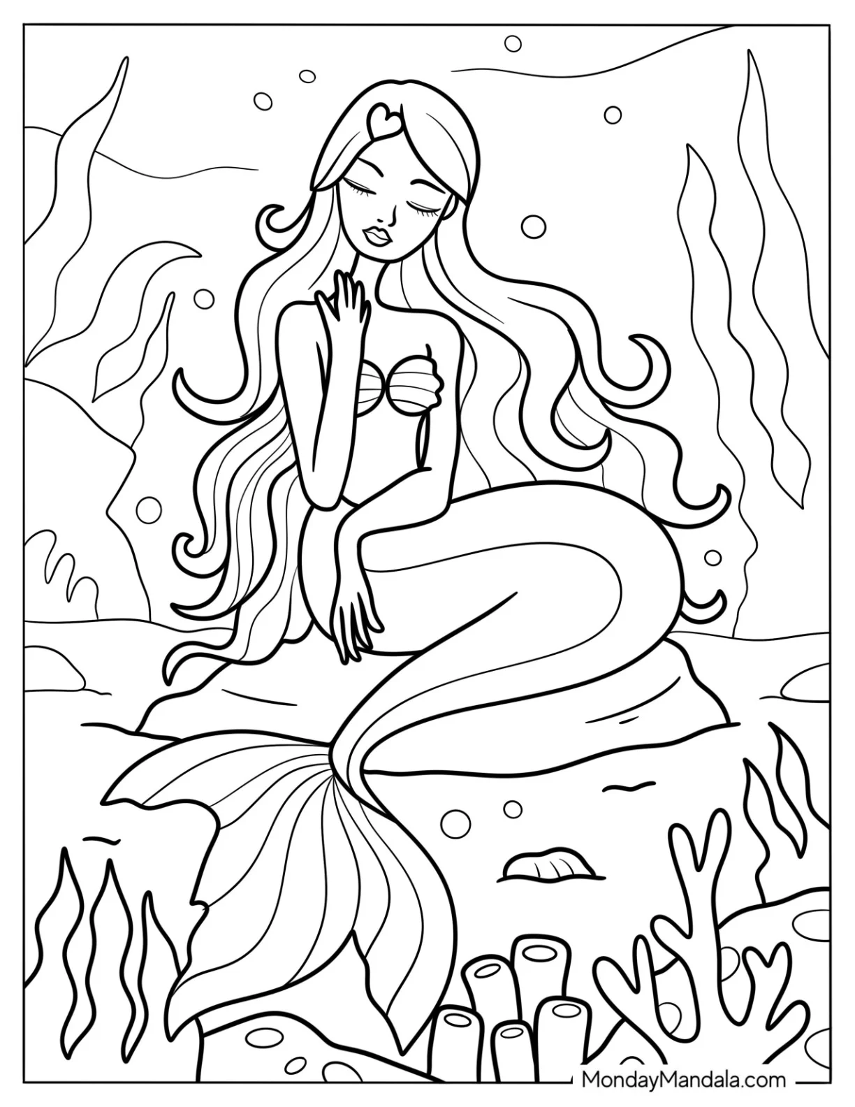 Peaceful Mermaid Coloring Page Touching Her Hair with Seaweed and Bubbles Background coloring page