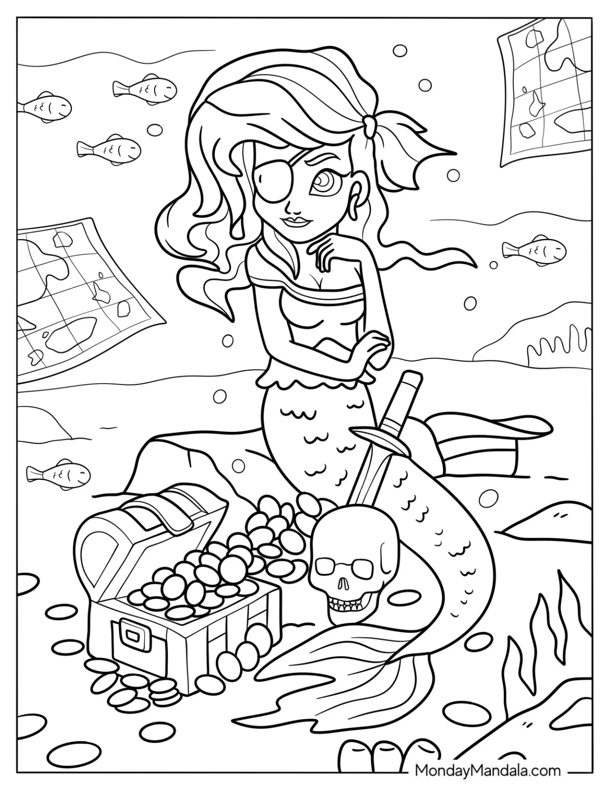 Pirate Mermaid Coloring Page with Eyepatch Sitting Next to Treasure Chest, Dagger, and Skull coloring page