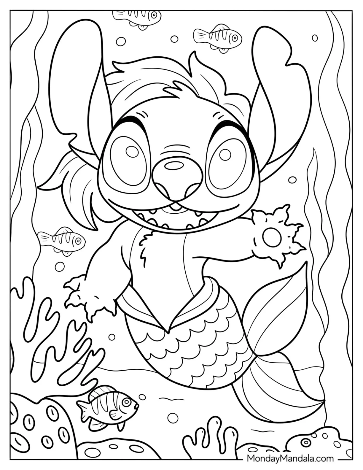 Playful Mermaid Coloring Page Stitch Waving in the Sea coloring page