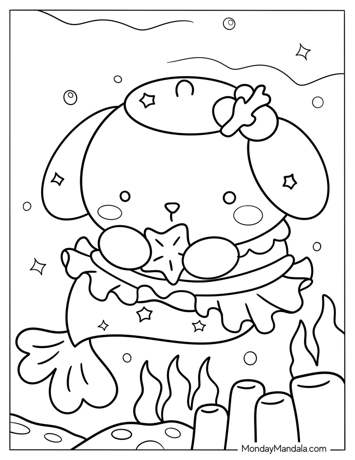 Pompompurin Mermaid Coloring Page Holding a Starfish coloring page