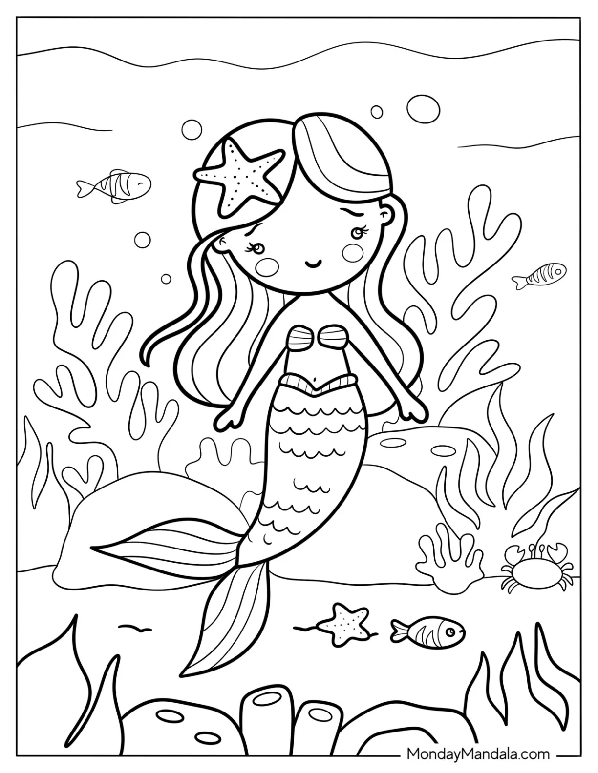 Pretty Cartoon Mermaid Coloring Page with Starfish Hairpin for Kids coloring page