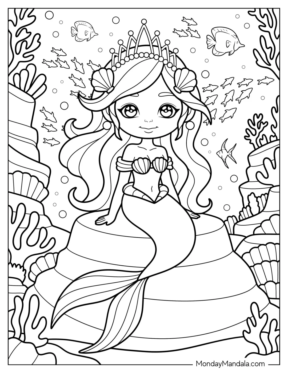 Princess Mermaid Coloring Page with Pearl Crown Sitting on a Coral for Kids coloring page