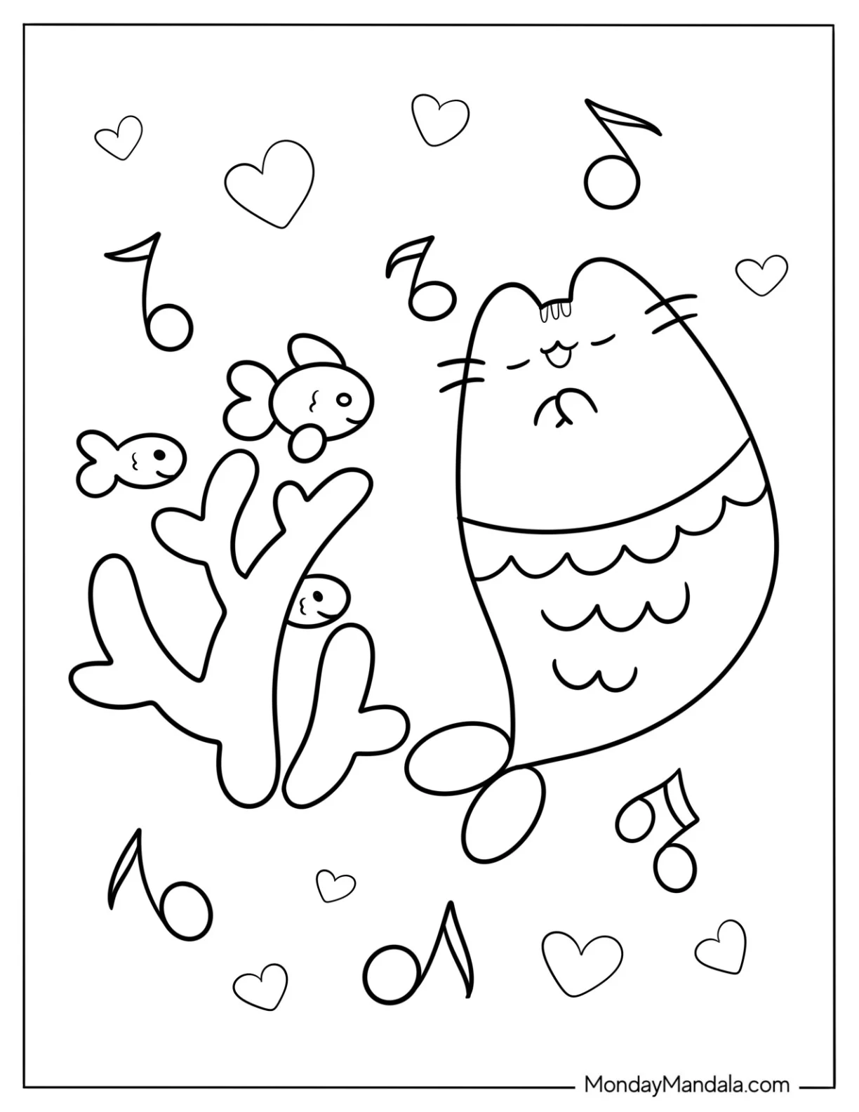 Pusheen Mermaid Coloring Page Singing to Fish and Corals for Kids coloring page