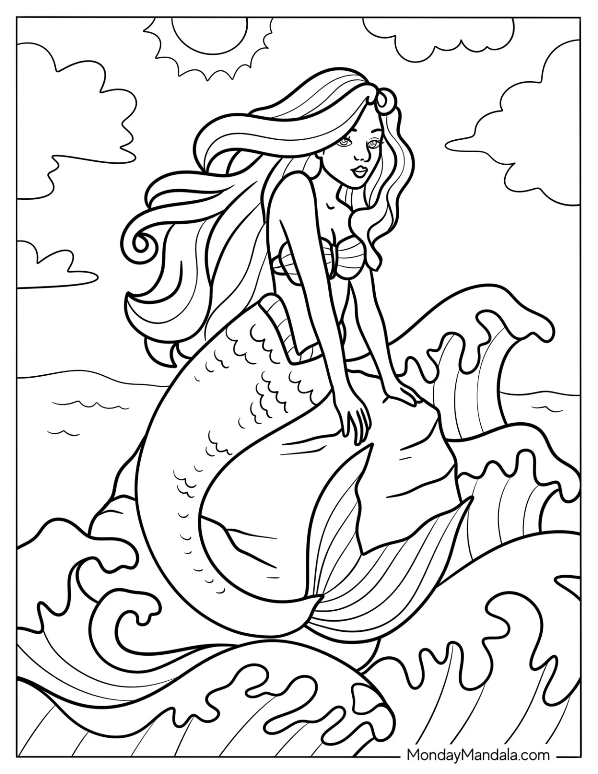 Realistic Mermaid Coloring Page Sitting on a Rock with Crashing Waves coloring page