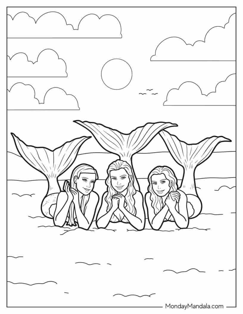 Realistic Mermaids On The Beach Coloring In coloring page