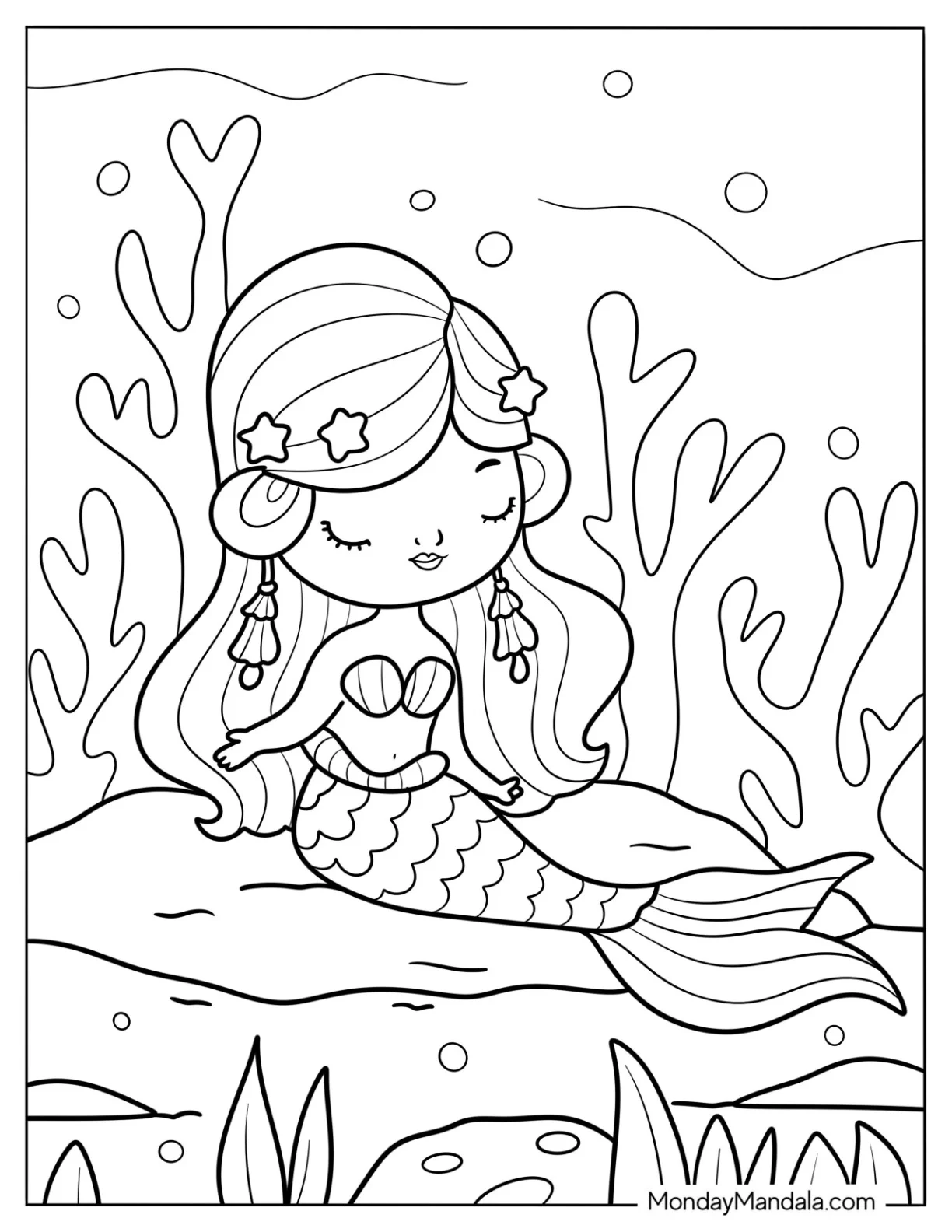 Relaxed Chibi Mermaid Coloring Page with Shell Earrings for Preschoolers coloring page