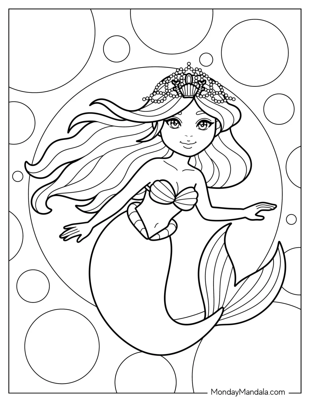 Royal Mermaid Coloring Page with Pearl Crown coloring page