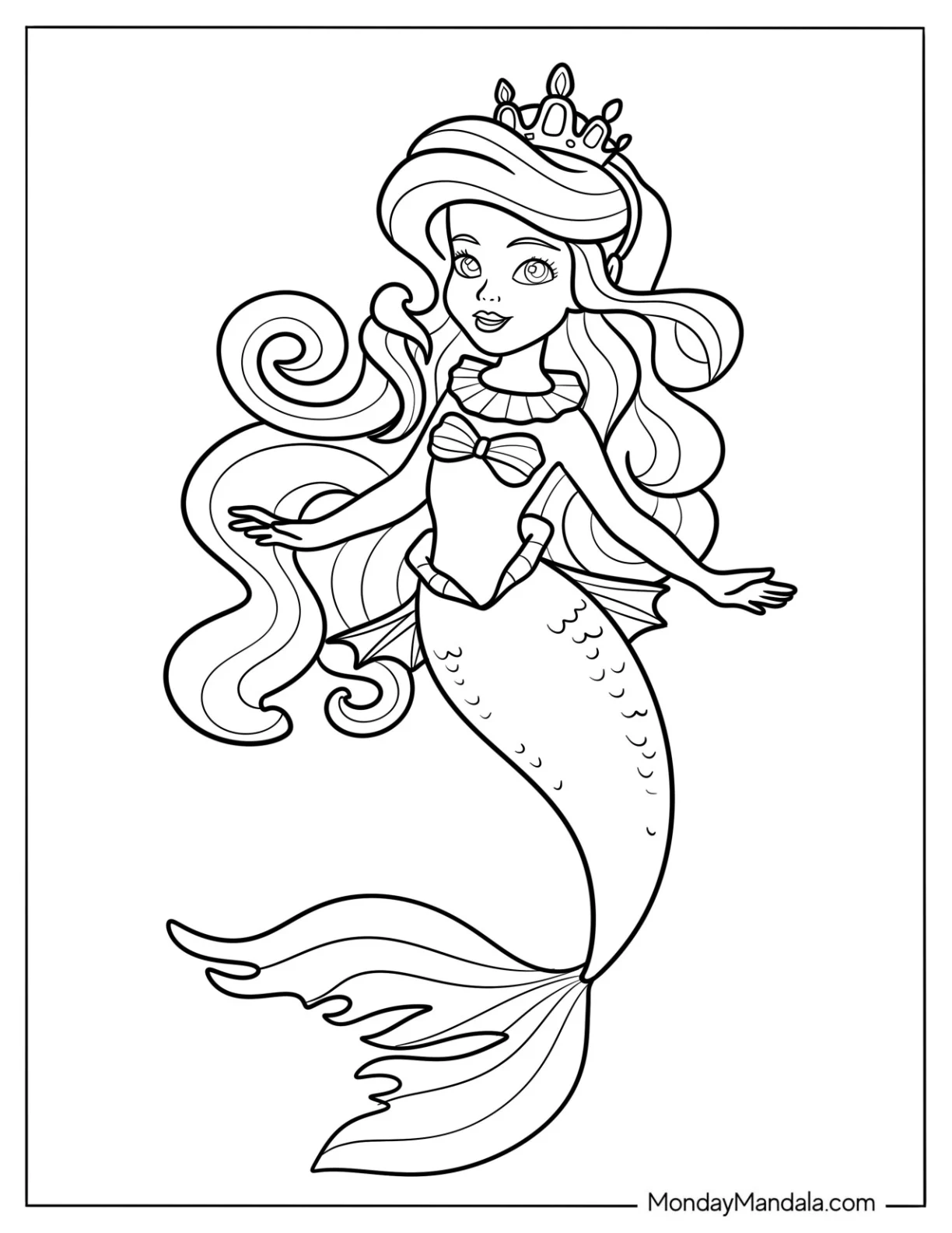 Royal Mermaid Coloring Page with Tiara and Curly Hair for Kids coloring page