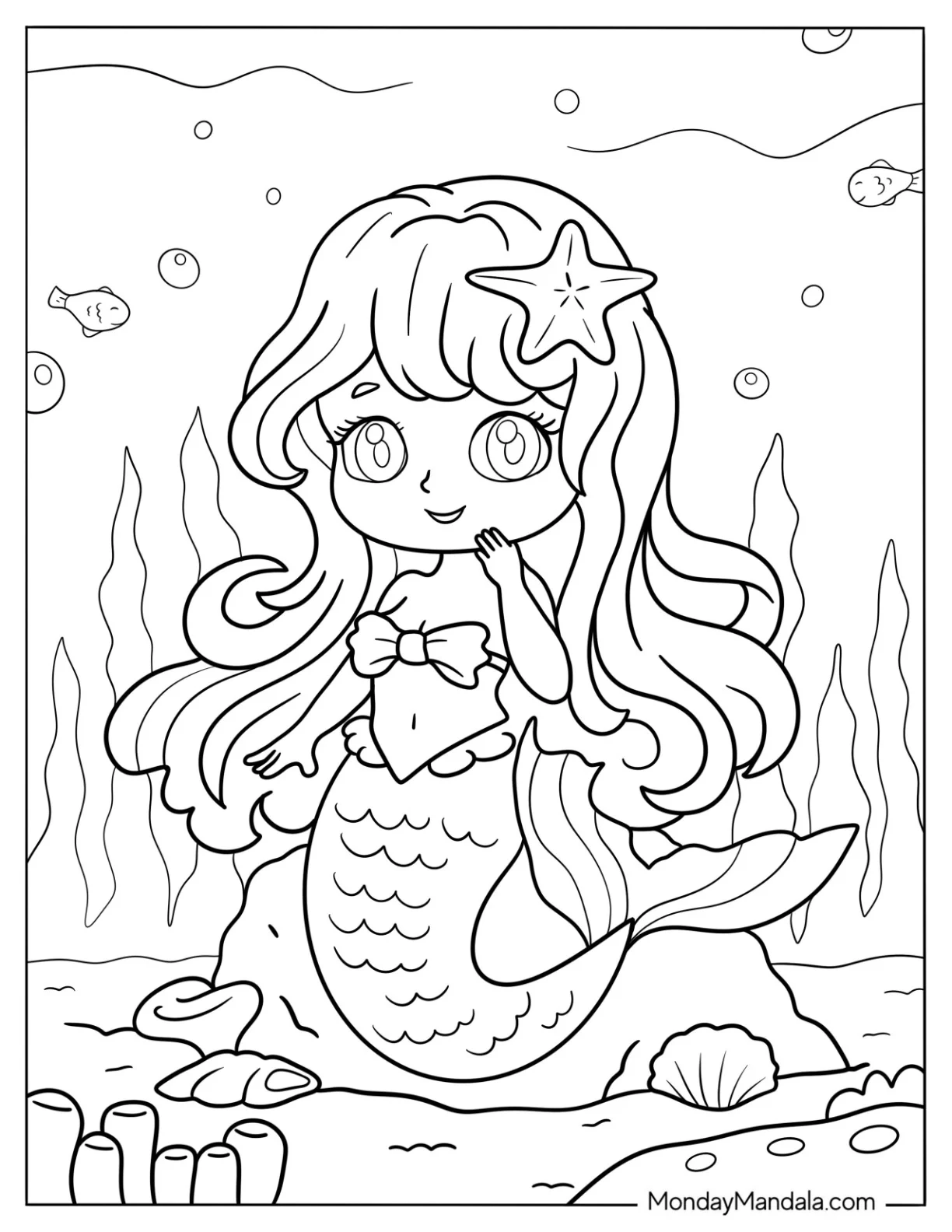 Shy Mermaid Coloring Page Sitting with Seaweed and Corals coloring page