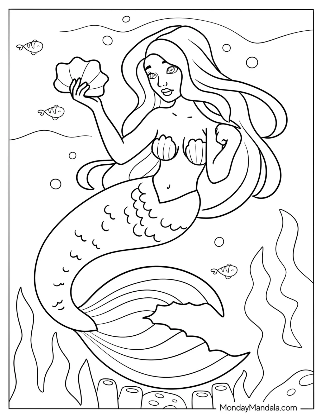 Swimming Mermaid Coloring Page Holding a Shell in the Sea for Kids coloring page