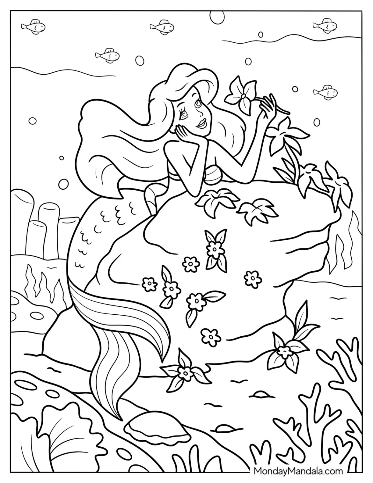The Little Mermaid Coloring Page of Ariel Admiring a Flower coloring page — printable line art