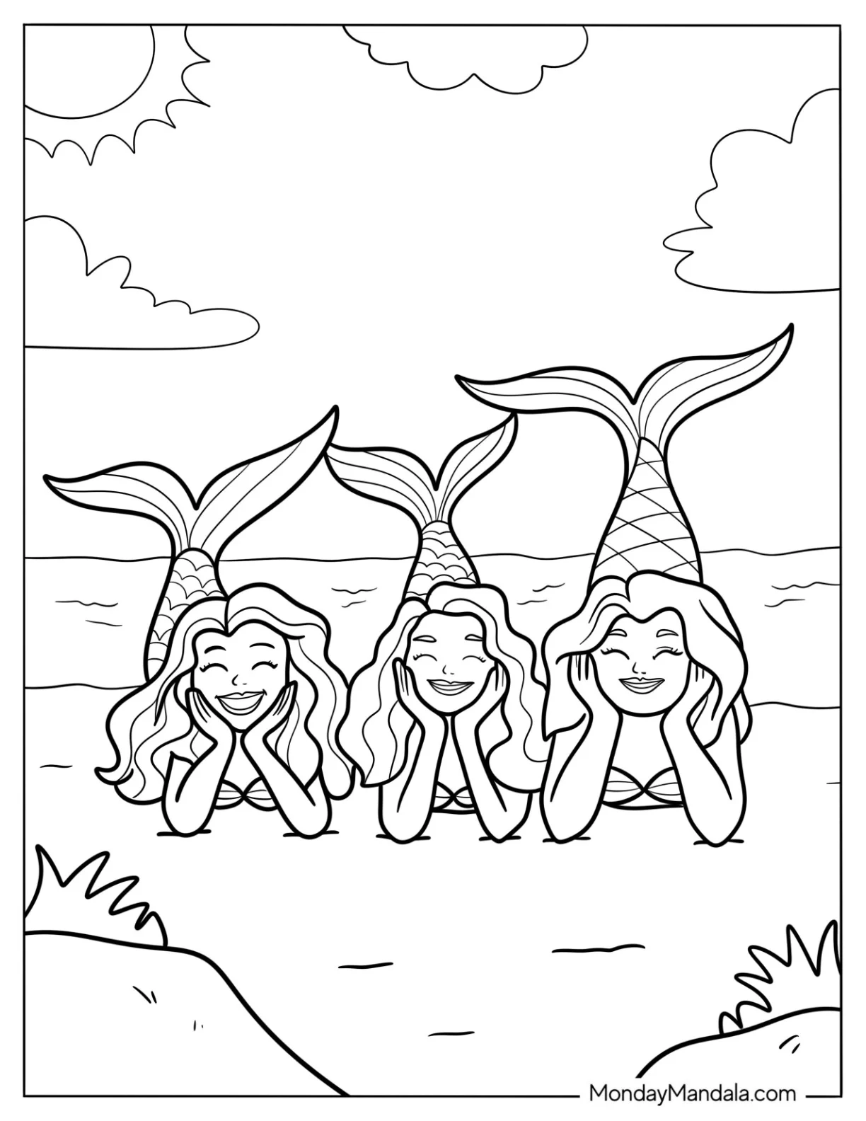 Three Mermaid Coloring Page Smiling and Posing Together at the Beach coloring page