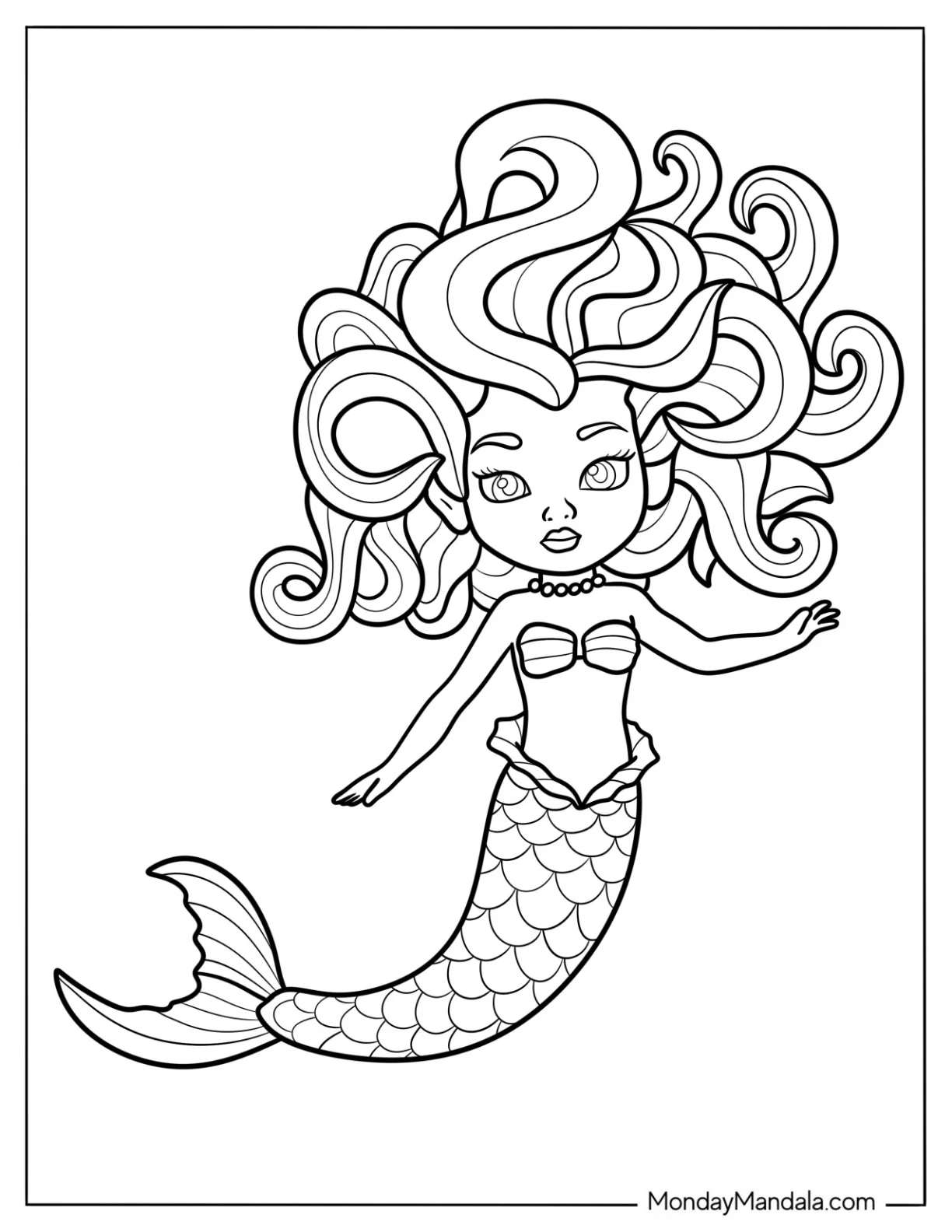 Tiny Mermaid Coloring Page with Tangled Curly Hair for Preschoolers coloring page