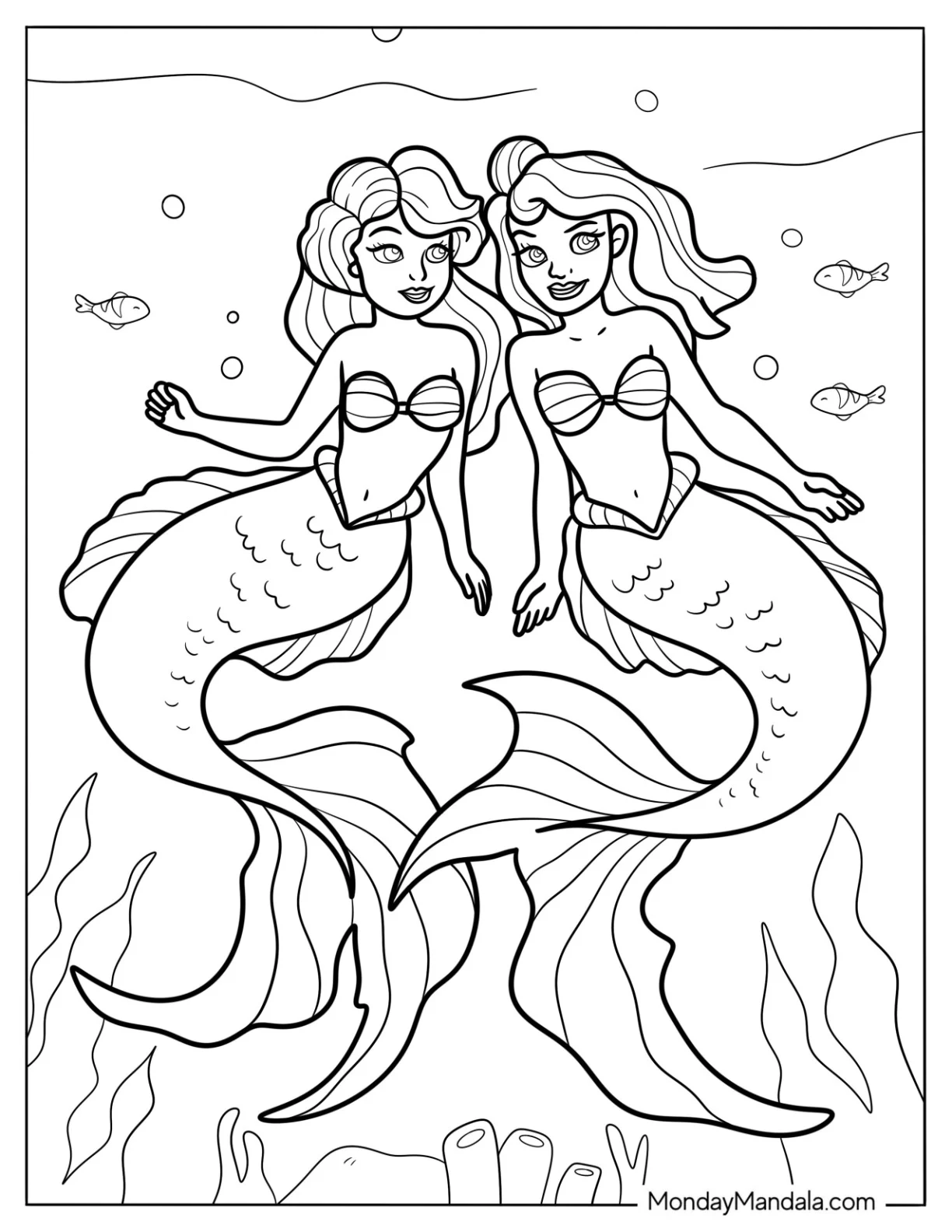 Two Beautiful Mermaid Coloring Page Swimming in the Sea coloring page