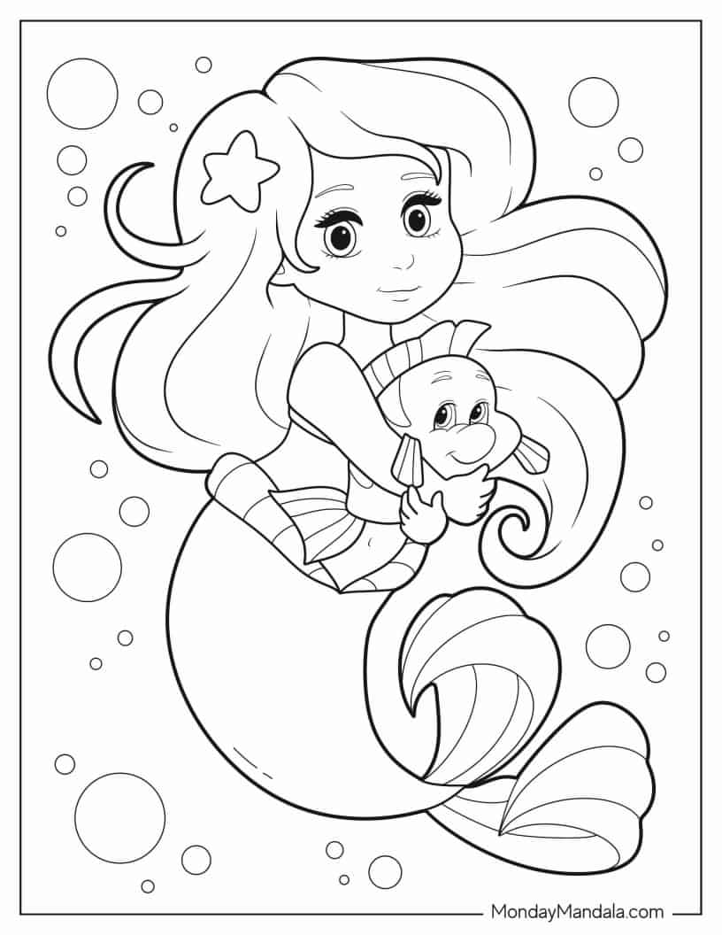 Young Ariel Holding Flounders Coloring In coloring page