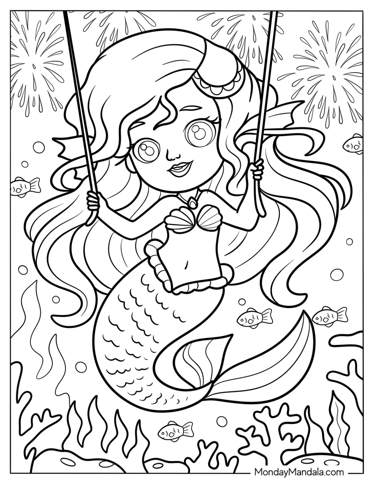 Young Mermaid Coloring Page with Fireworks in the Sea coloring page
