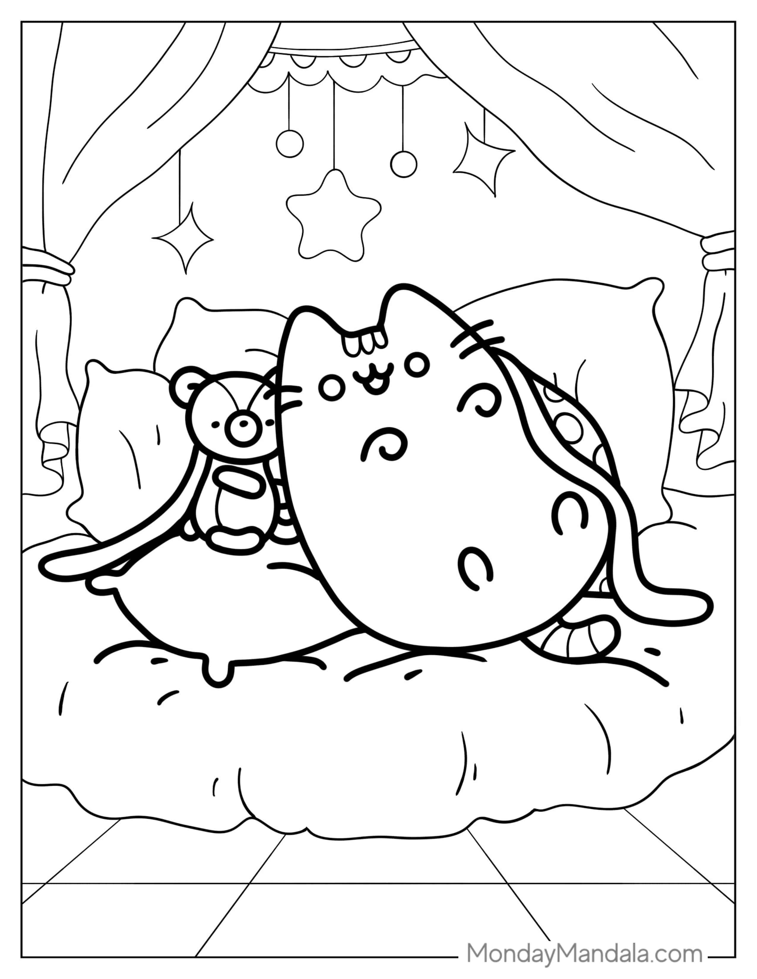 Cute Pusheen With Teddy Coloring Page coloring page