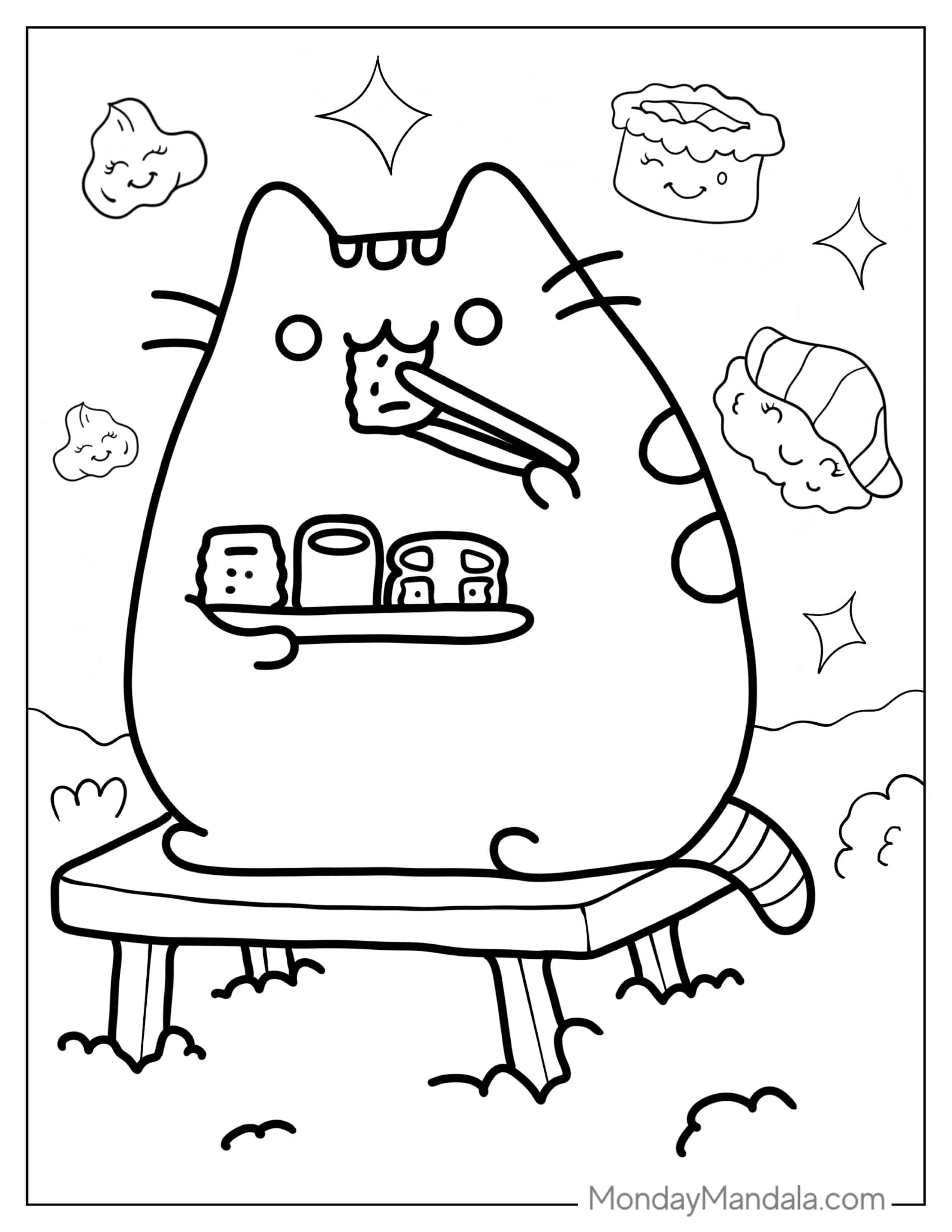 Kawaii Pusheen Eating Sushi Coloring Page coloring page — printable line art