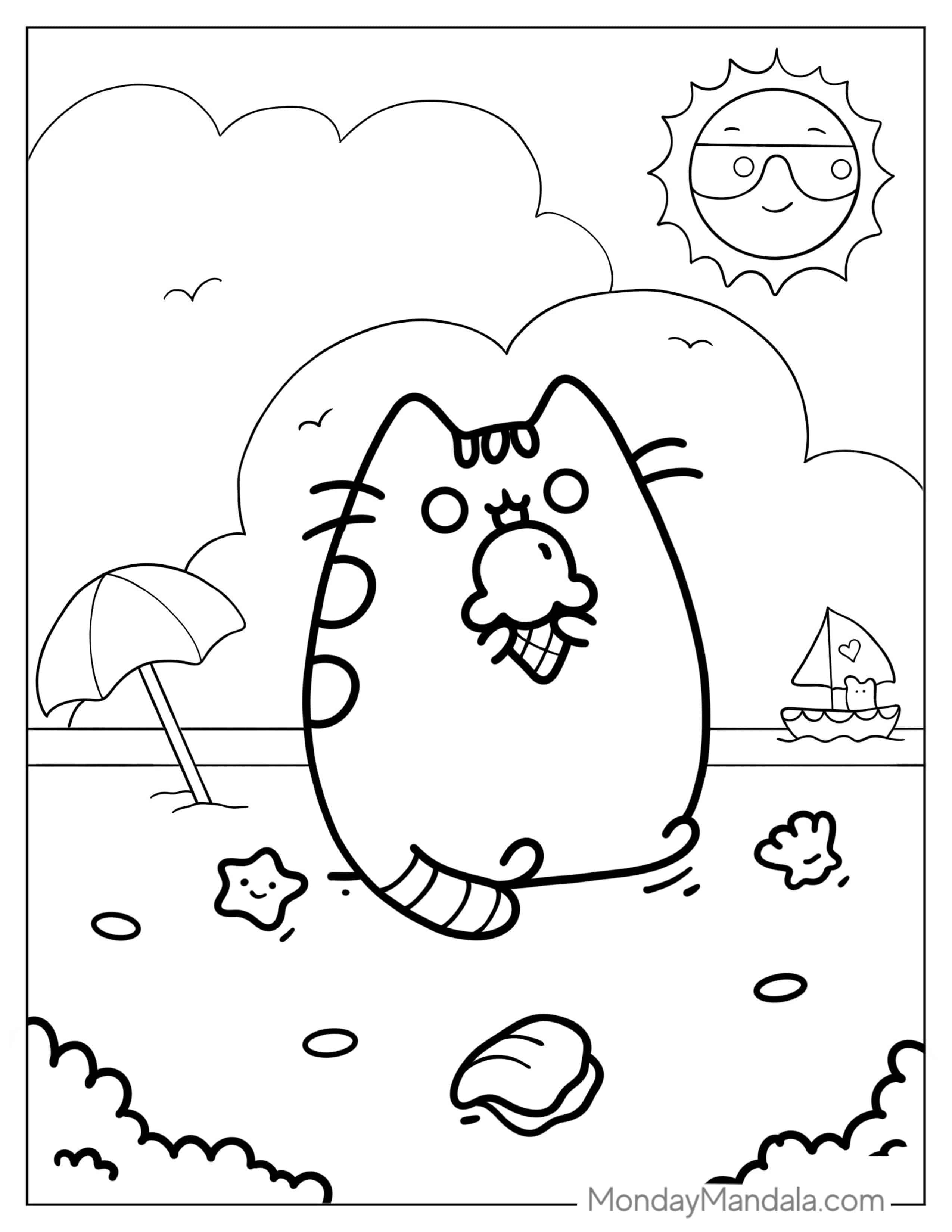 Pusheen At The Beach During Summer coloring page — printable line art