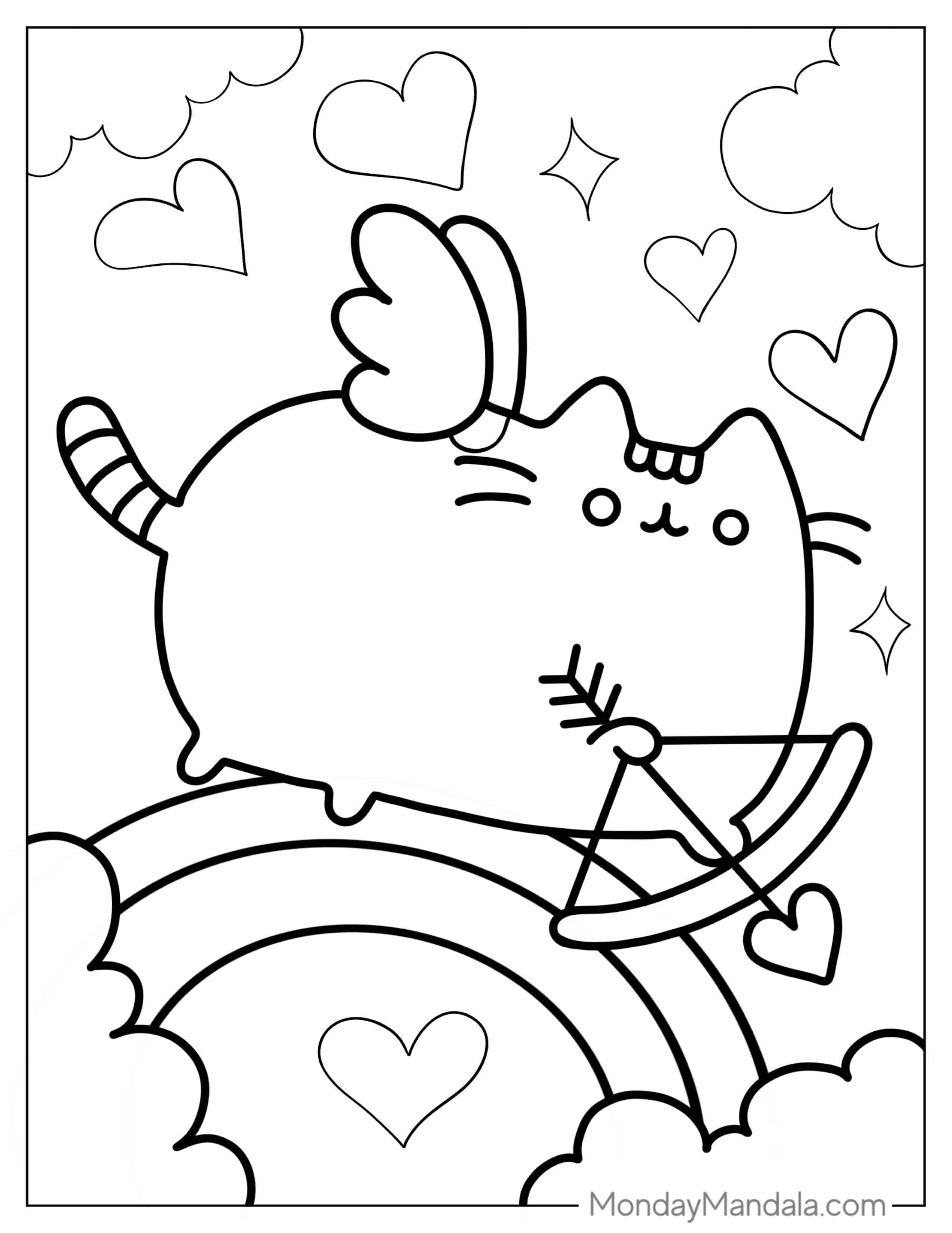 Pusheen Cupid With Bow And Love Hearts To Color coloring page