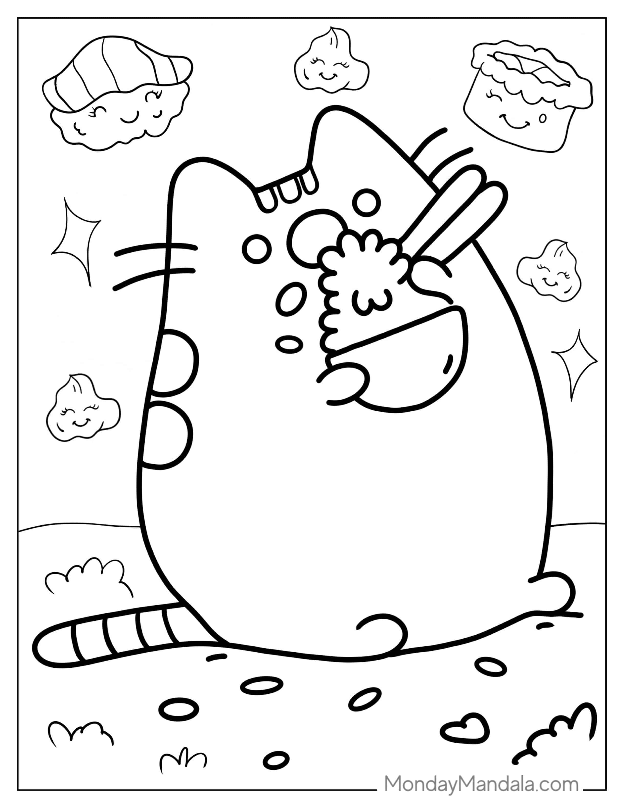 Pusheen Eating Rice And Sushi Coloring Page coloring page