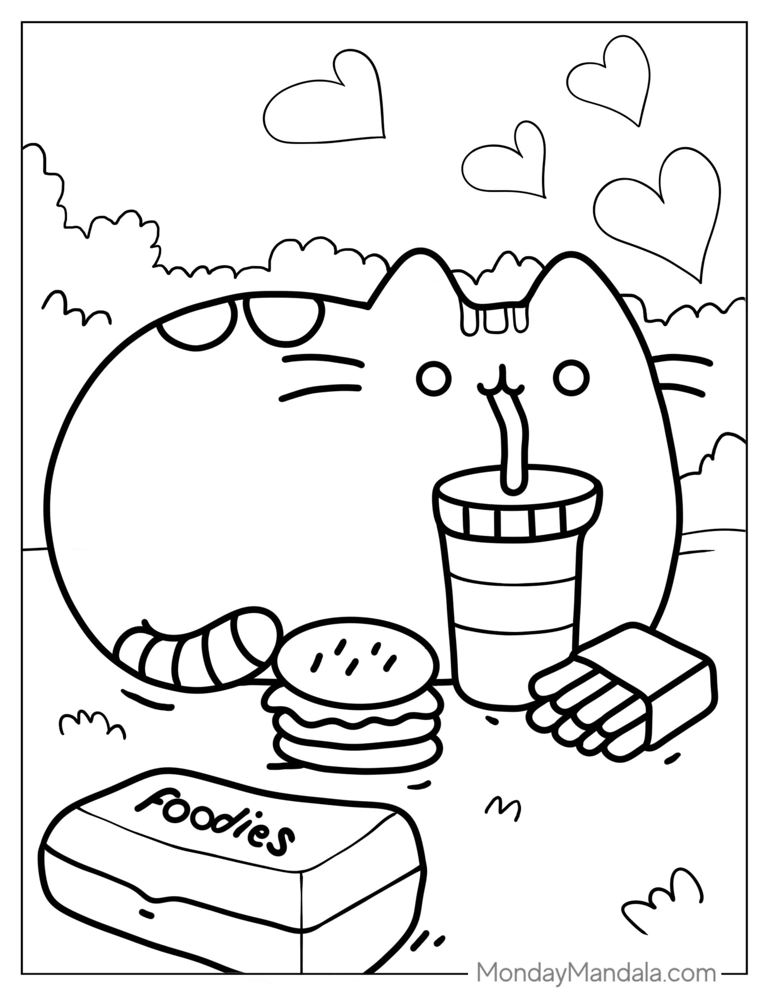 Pusheen Eating Some Burgers And Fries coloring page