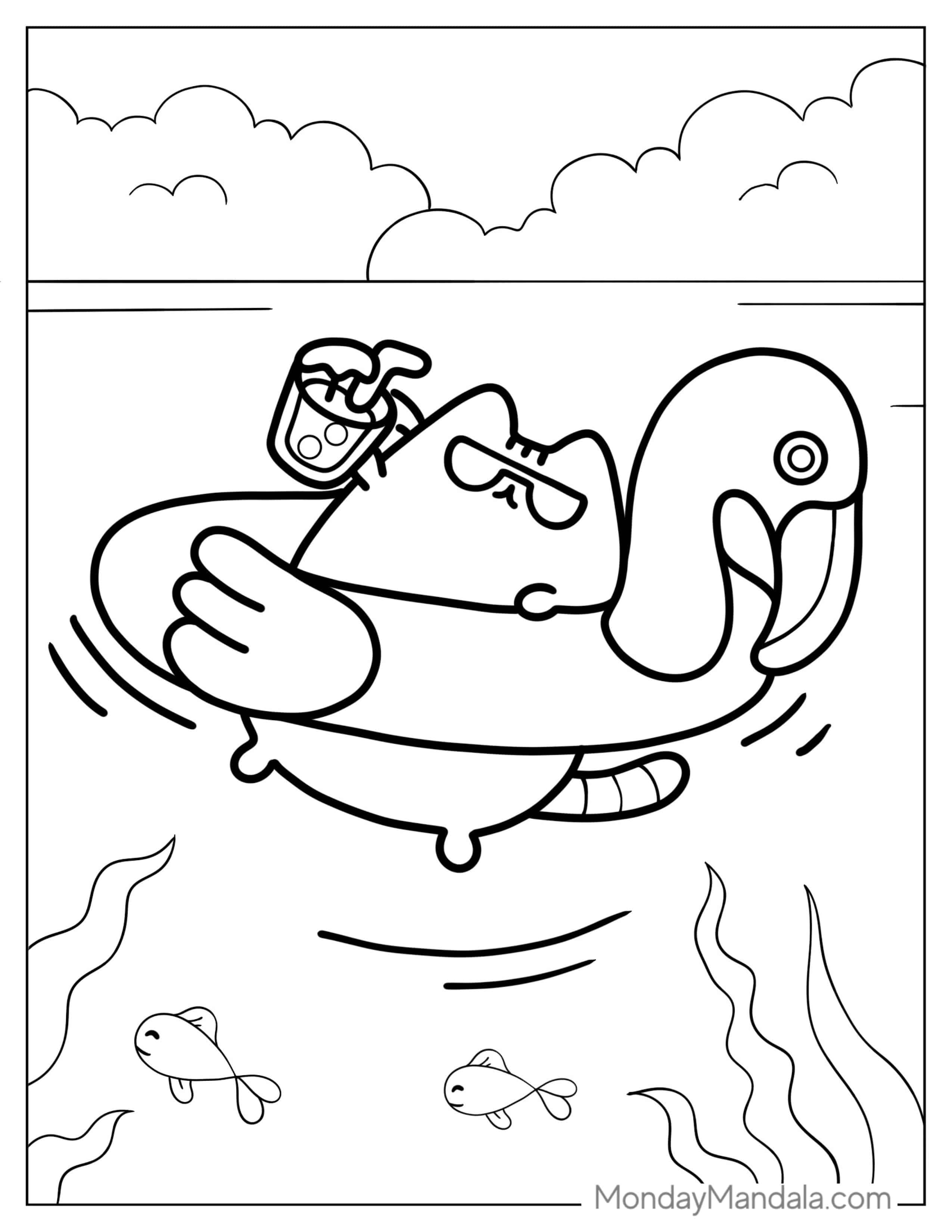Pusheen Floating In The Water coloring page — printable line art
