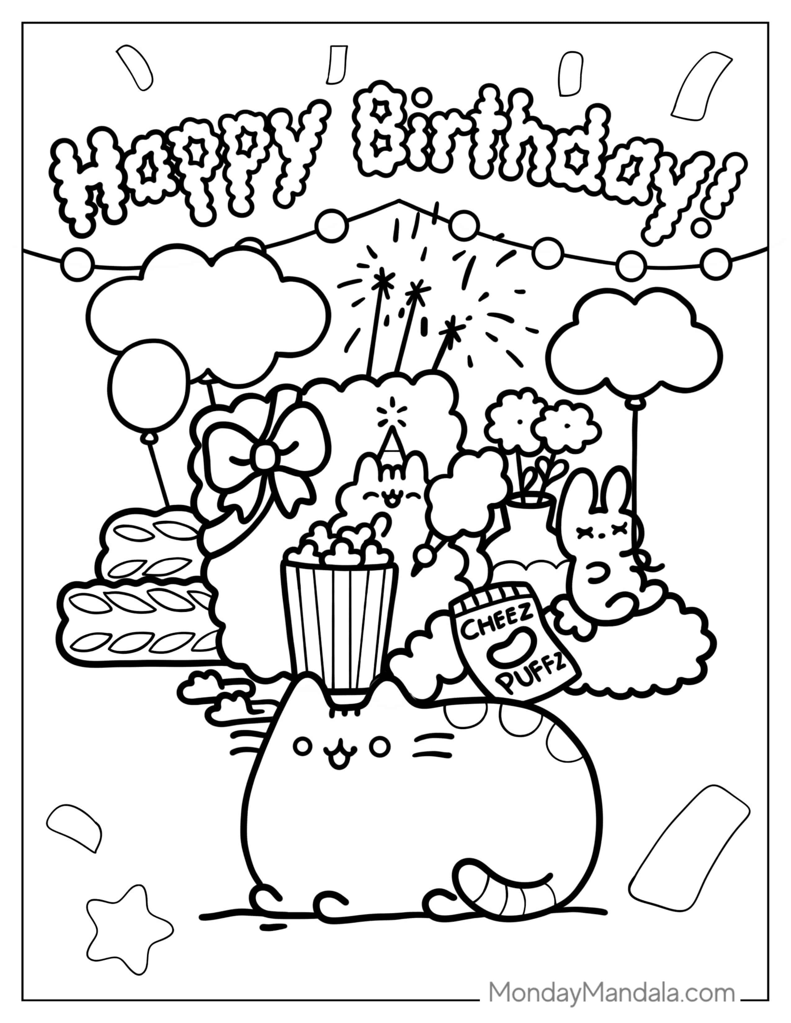 Pusheen Happy Birthday Coloring Page coloring page